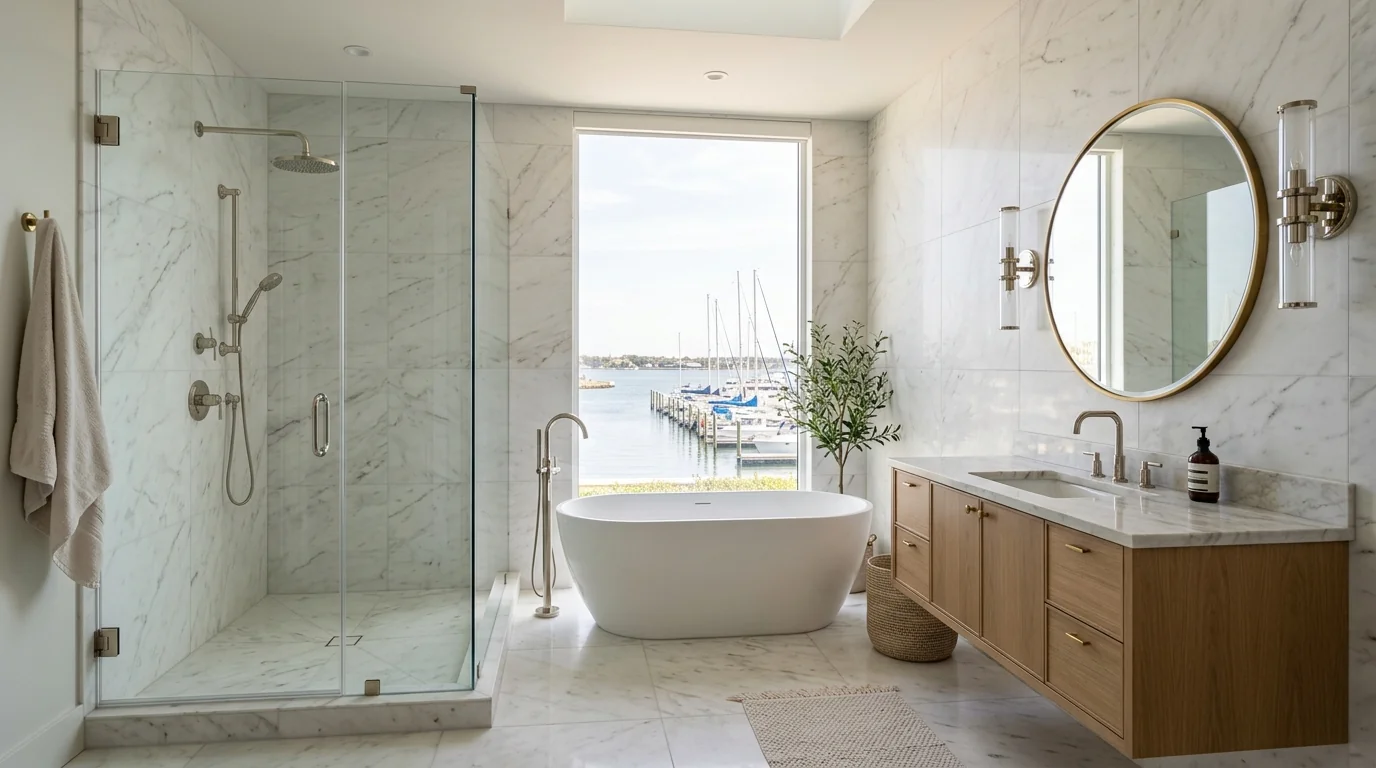 Jupiter luxury bathroom remodel with frameless walk-in shower, freestanding tub, and floating wood vanity