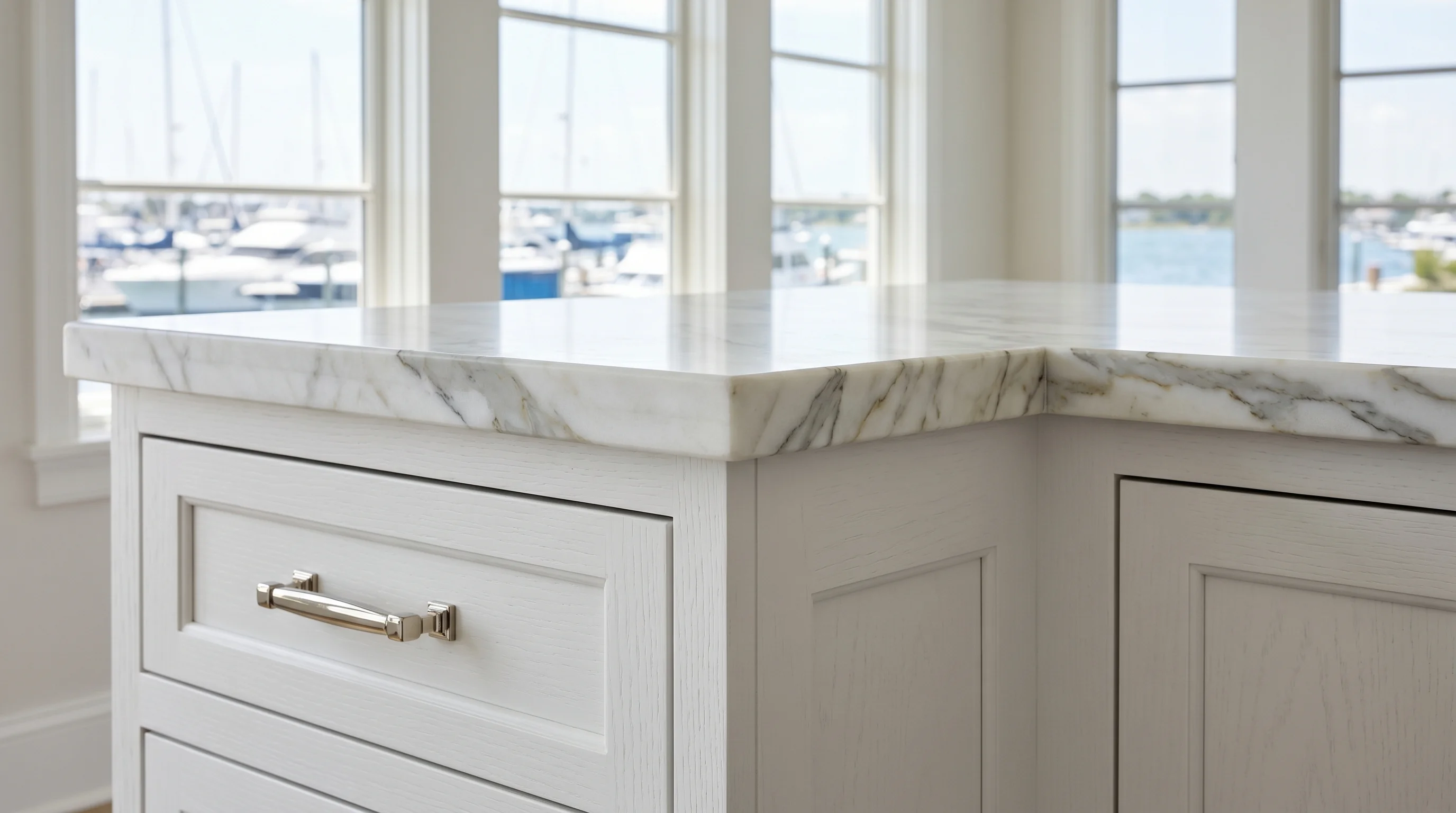 Jupiter luxury kitchen with marble waterfall island and brass pendants