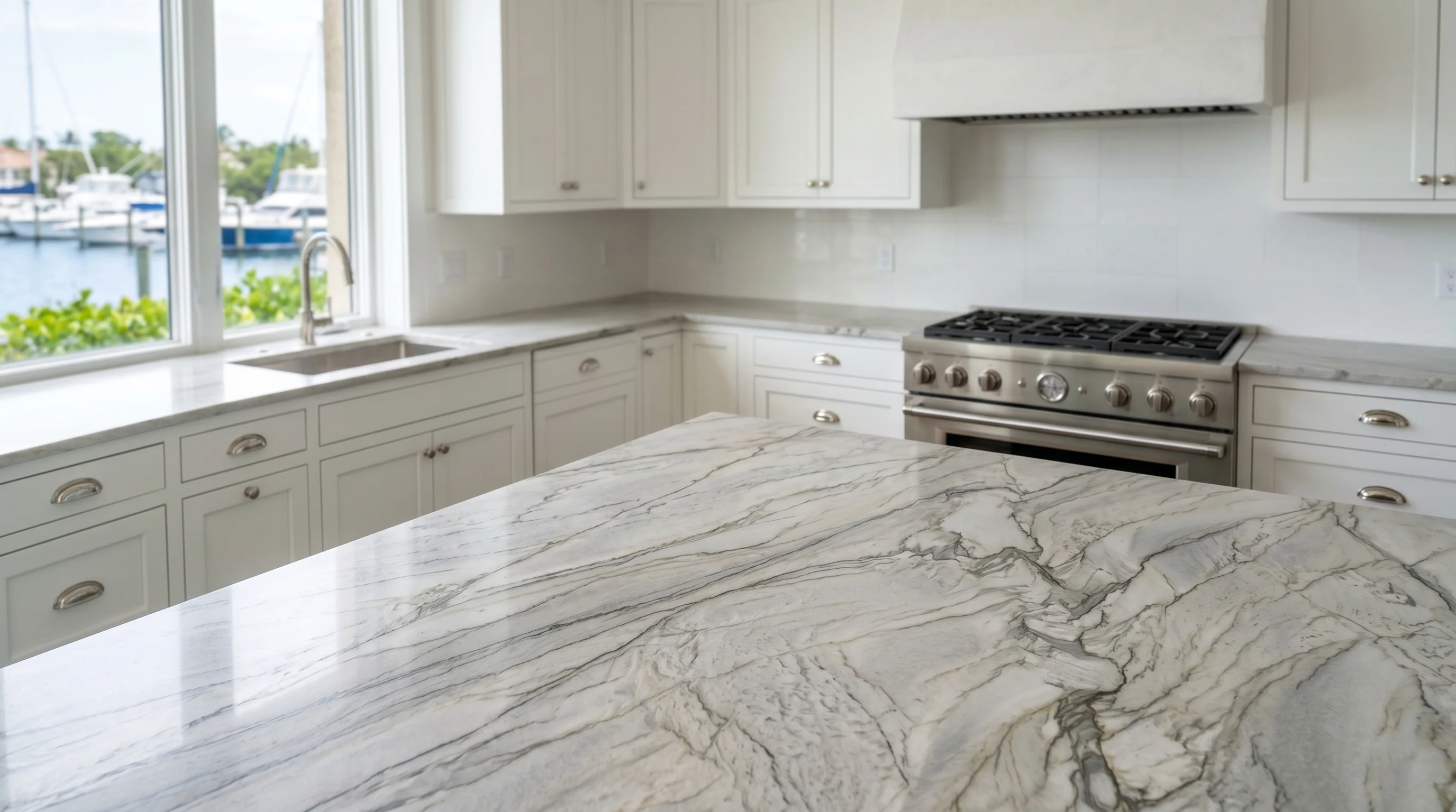 Close-up of warm wood Jupiter kitchen cabinetry and stone countertop detail