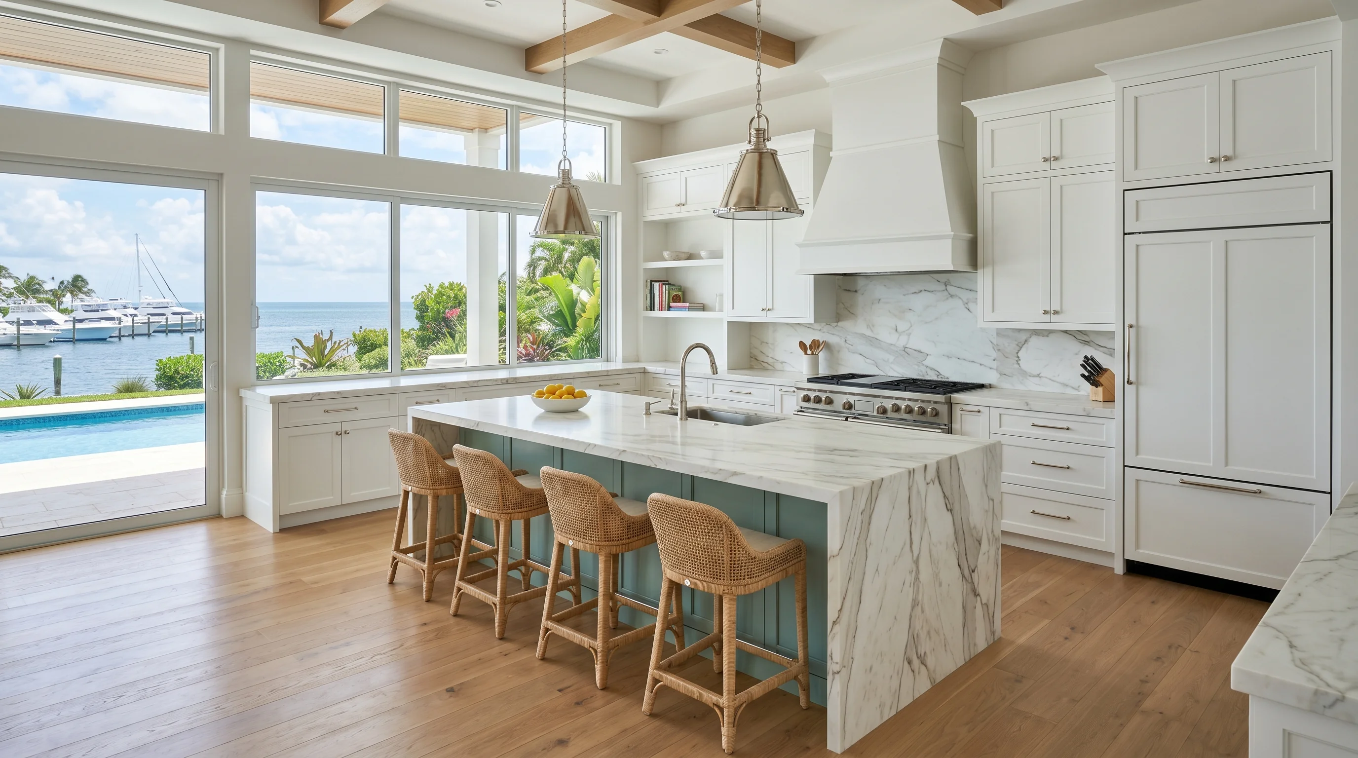 Ultra-wide Jupiter kitchen with marble waterfall island and pool deck view