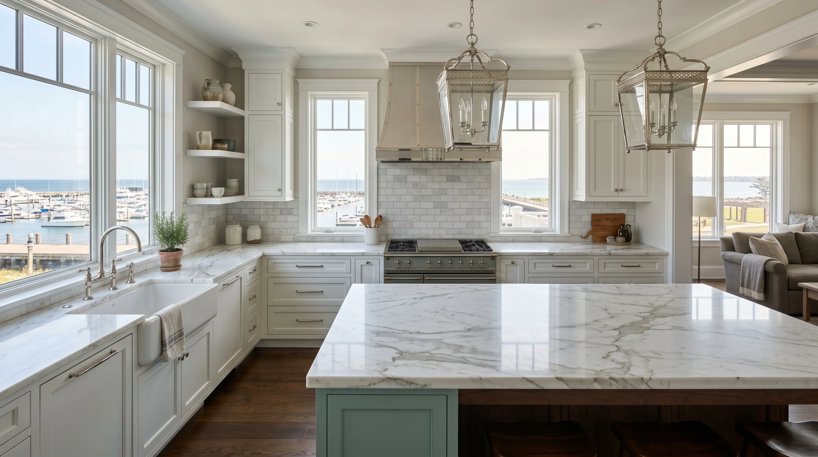 Jupiter gated-community kitchen with island and ornate brass pendant lighting