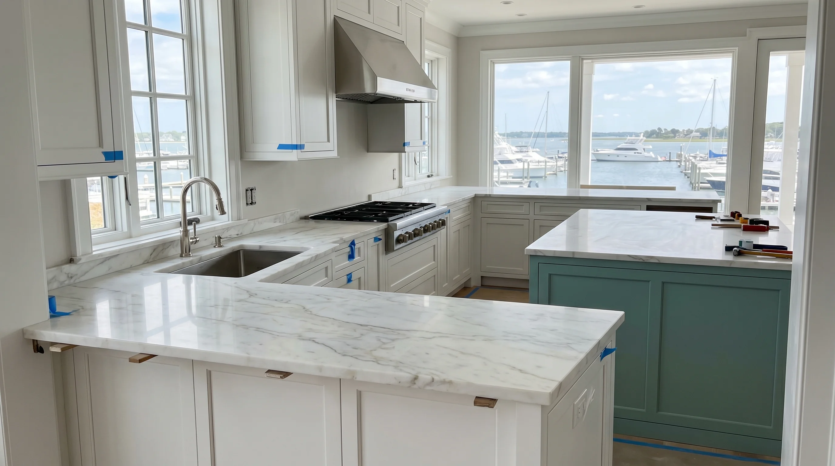 Jupiter kitchen remodeling installation in progress with cabinetry and stone countertops