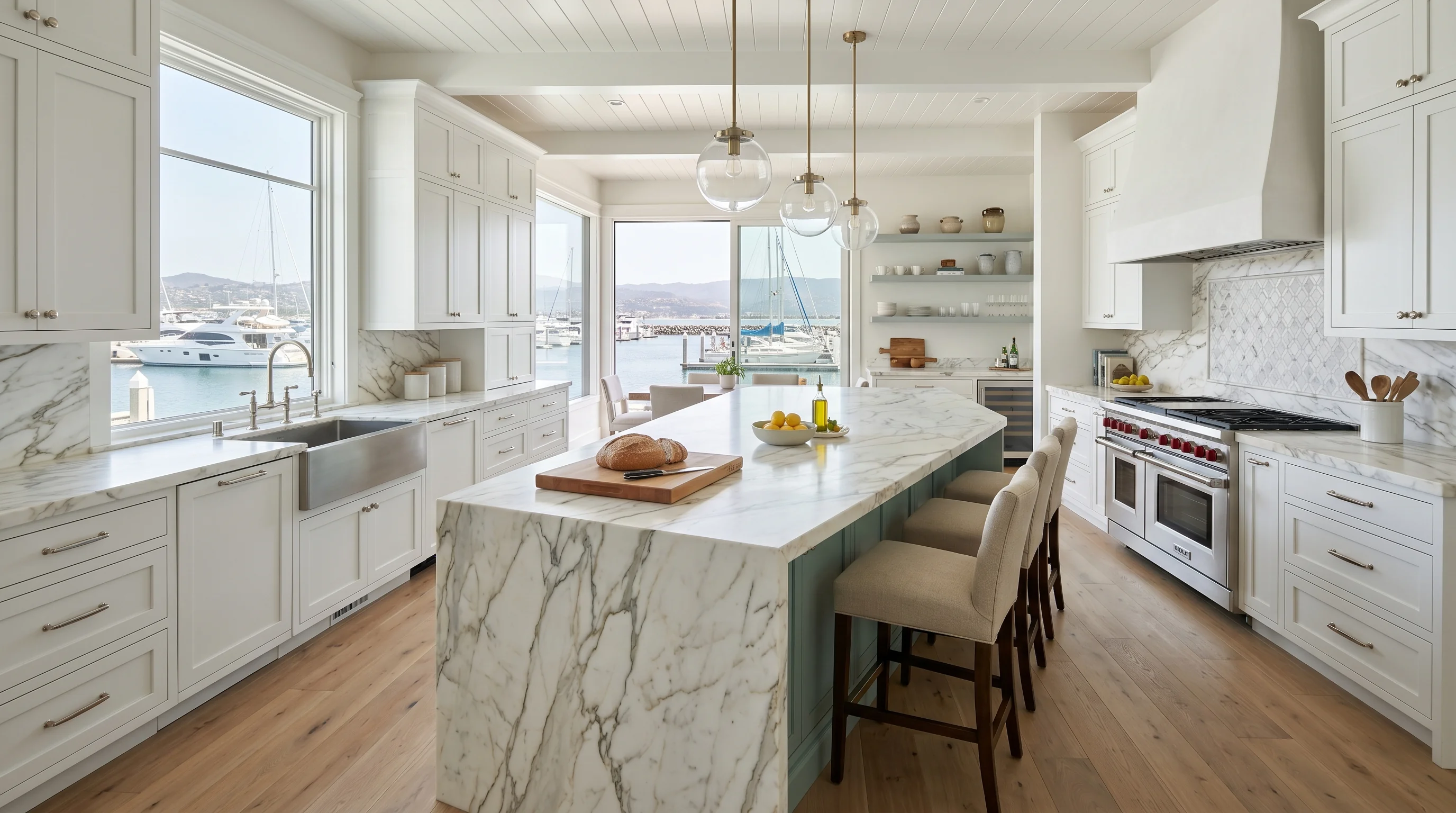 Panoramic finished Jupiter kitchen with marble island and brass hardware