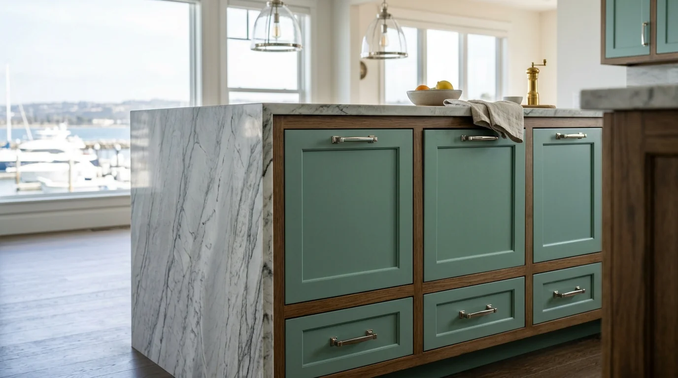 Jupiter luxury kitchen with marble waterfall island and brass pendants