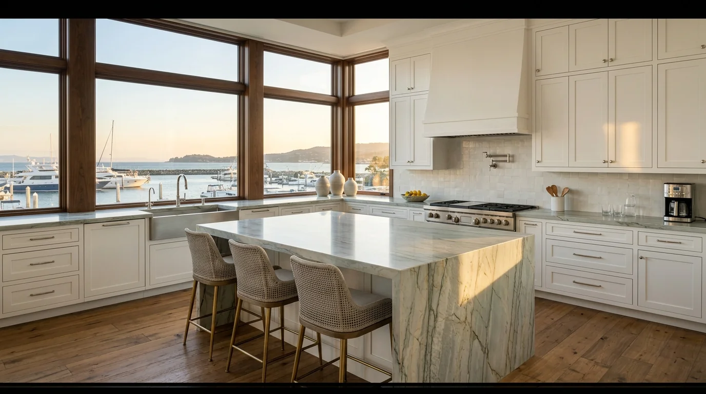 Wide cinematic Jupiter kitchen with marble island and arched windows