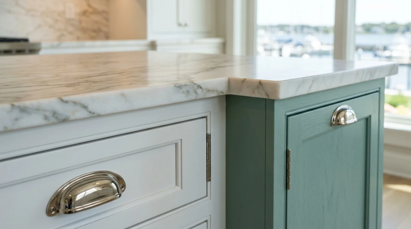 Close-up of warm wood Jupiter kitchen cabinetry and stone countertop detail