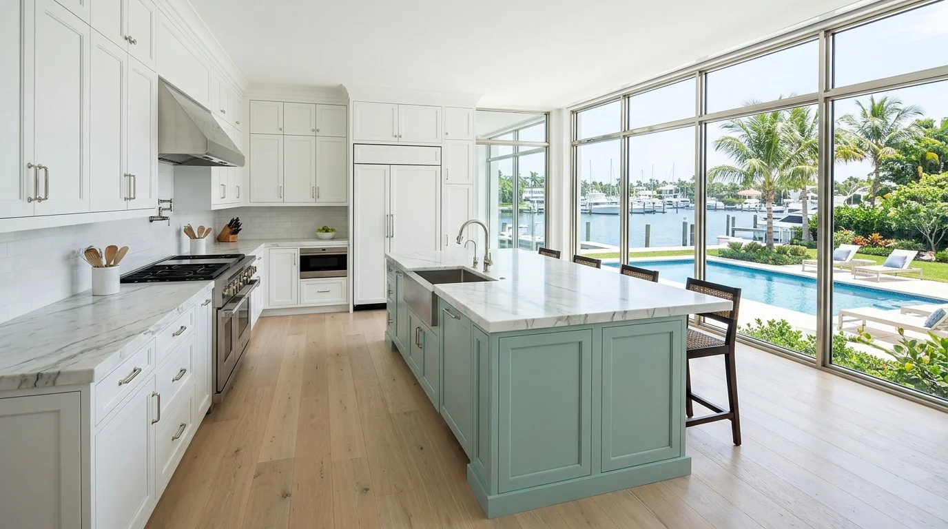 Ultra-wide Jupiter kitchen with marble waterfall island and pool deck view