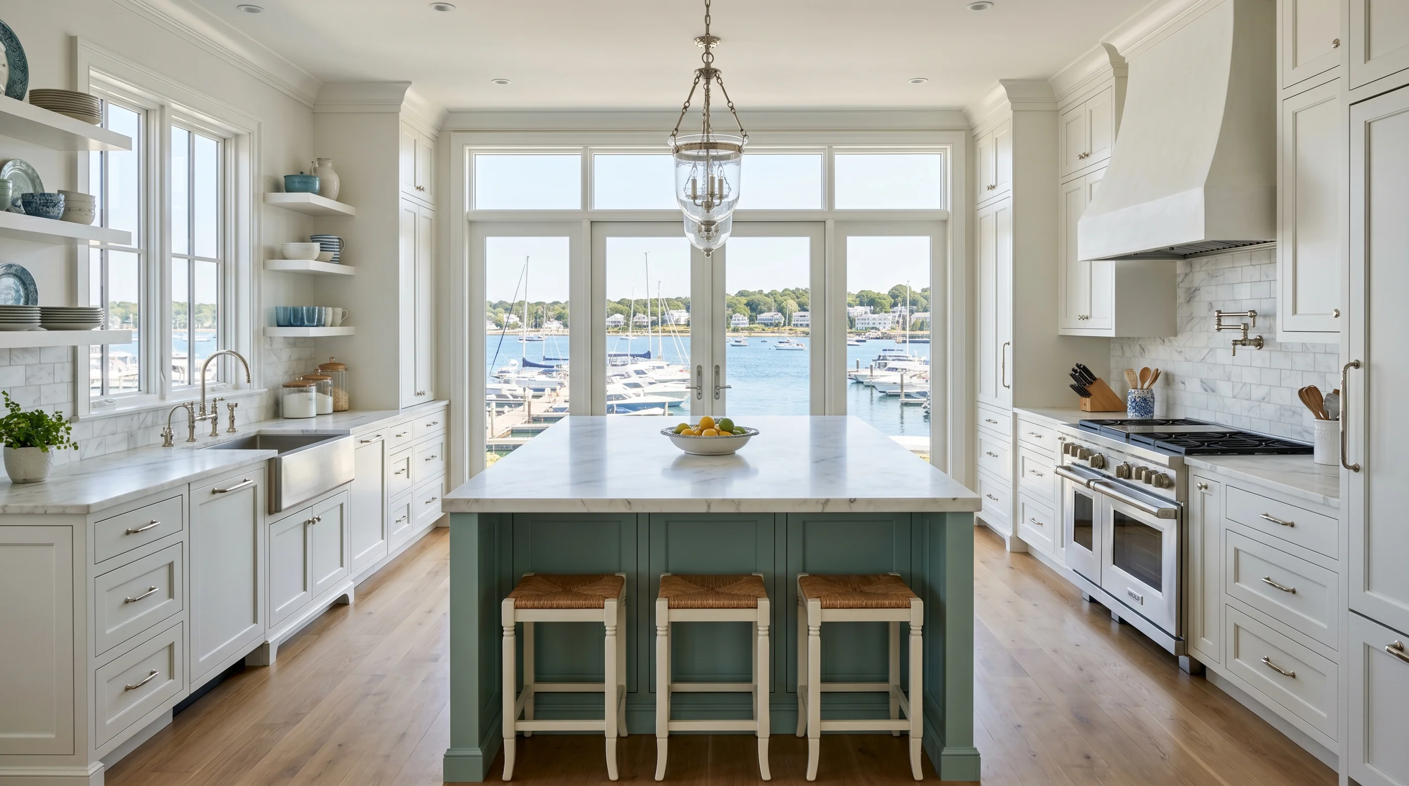 Jupiter gated-community kitchen with island and ornate brass pendant lighting