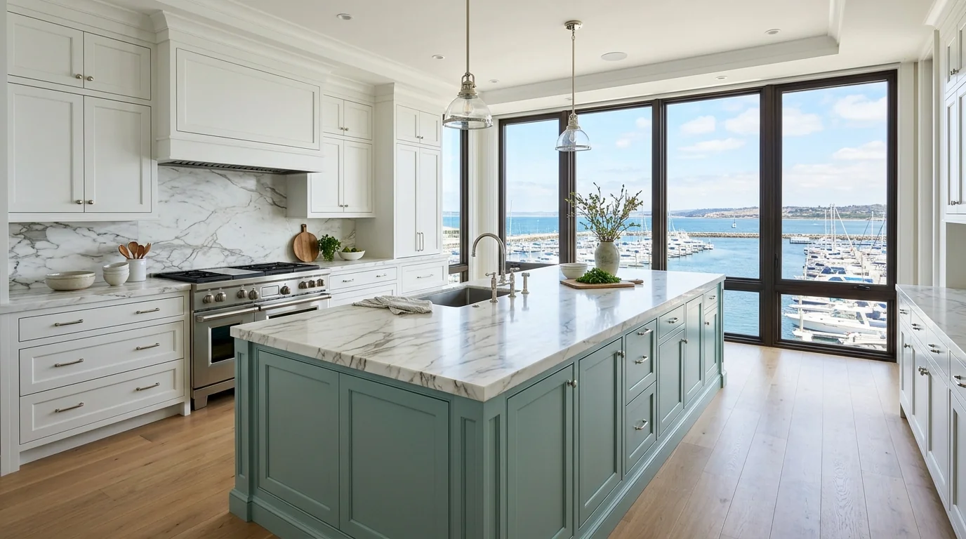 Panoramic finished Jupiter kitchen with marble island and brass hardware