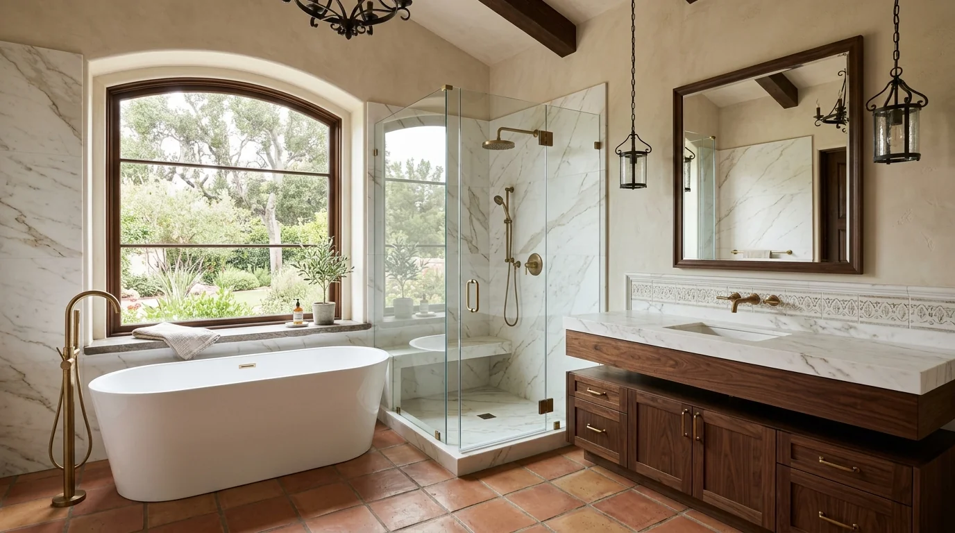 Lake Worth luxury bathroom remodel with frameless walk-in shower, freestanding tub, and floating wood vanity