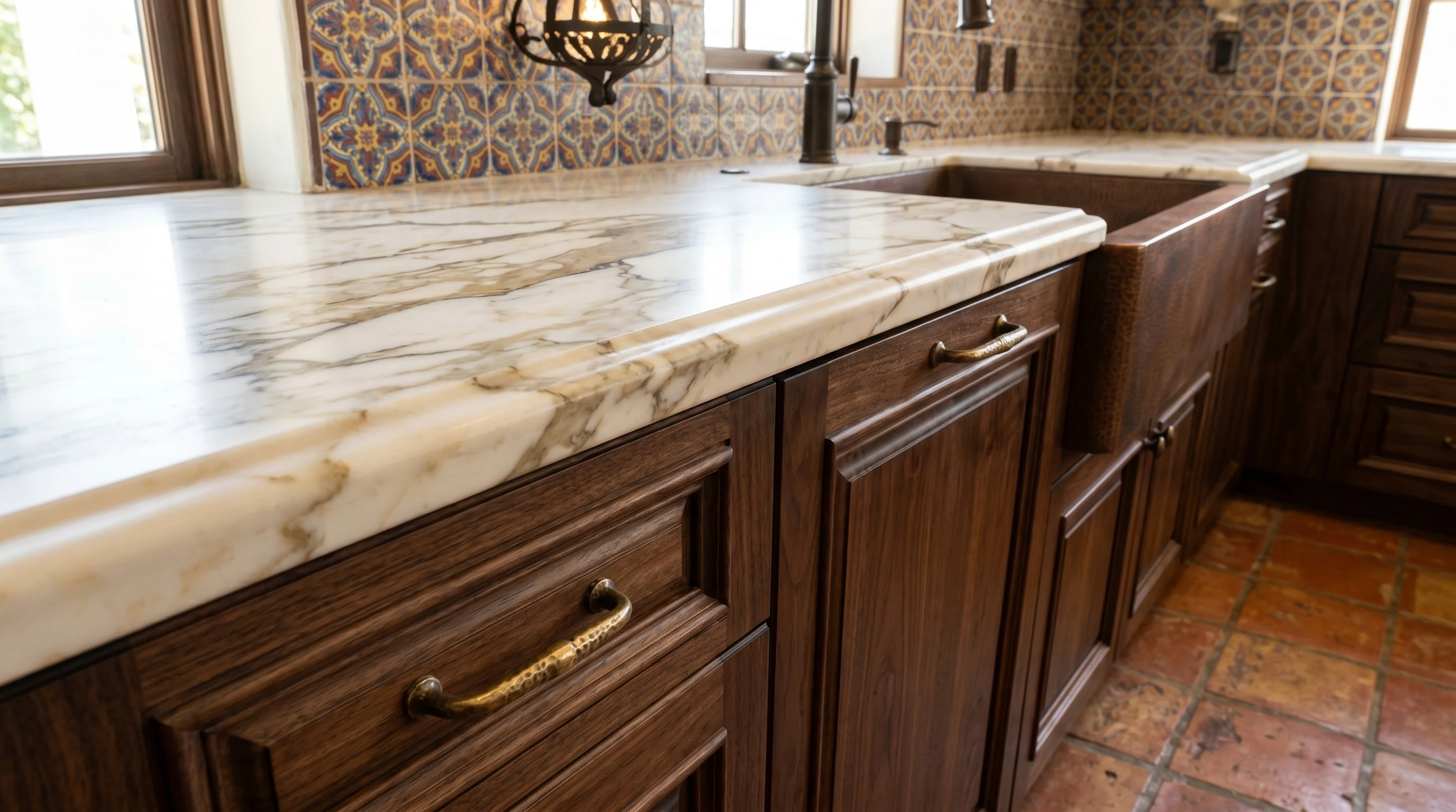 Lake Worth luxury kitchen with marble waterfall island and brass pendants