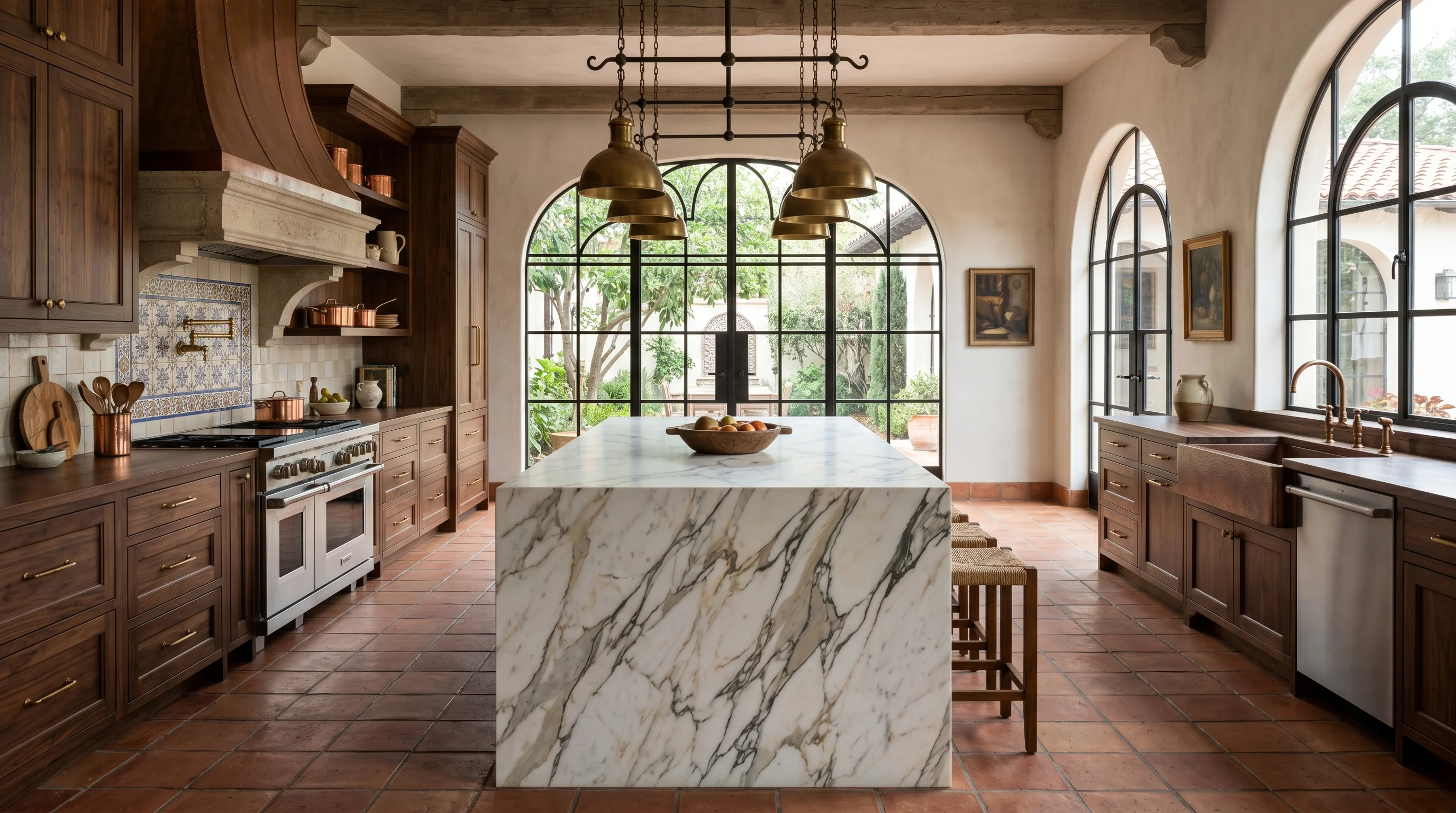 Wide cinematic Lake Worth kitchen with marble island and arched windows