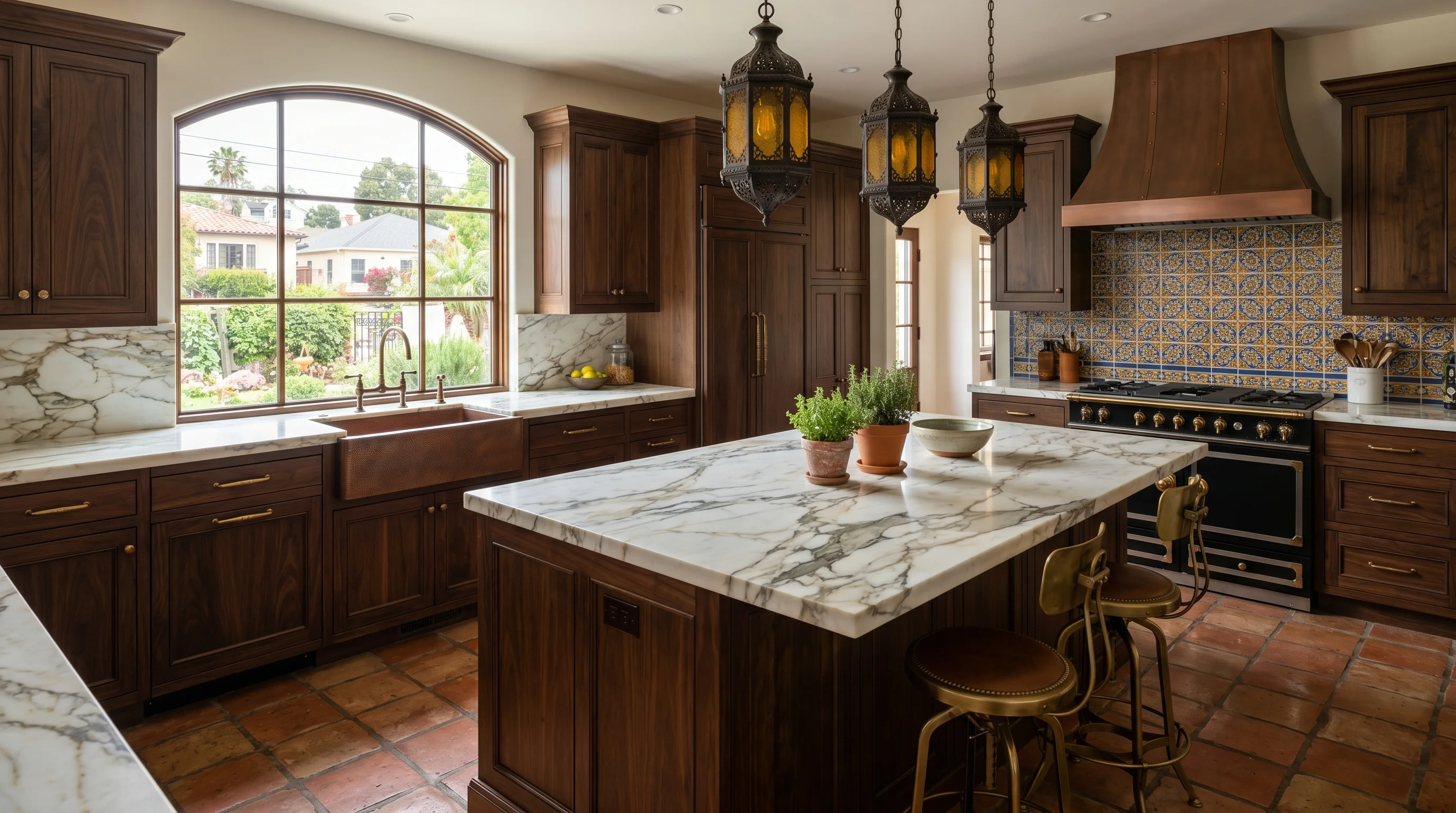 Lake Worth gated-community kitchen with island and ornate brass pendant lighting