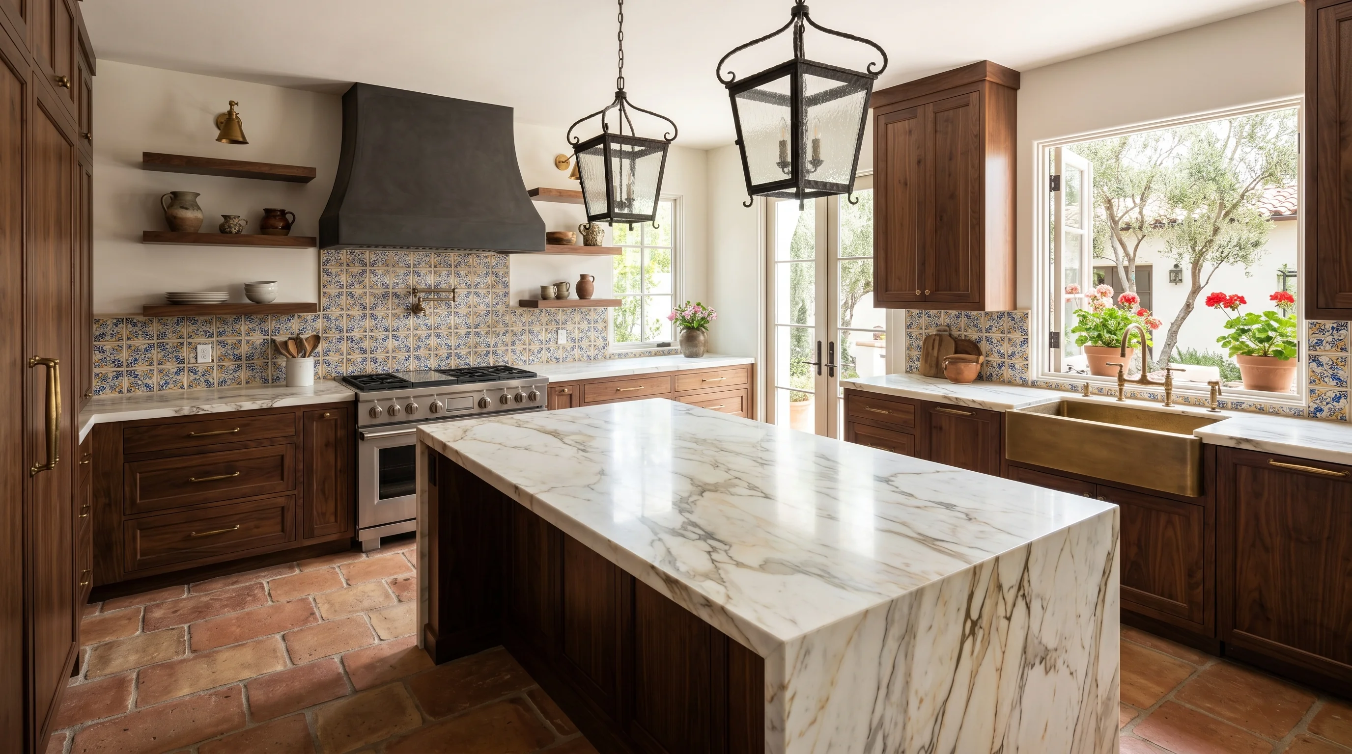 Panoramic finished Lake Worth kitchen with marble island and brass hardware