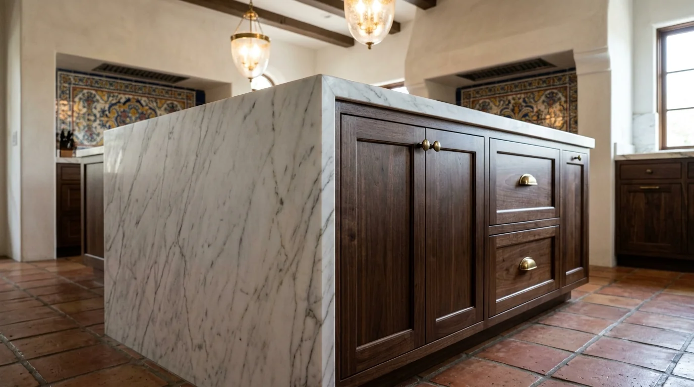 Lake Worth Beach luxury kitchen with marble waterfall island and brass pendants