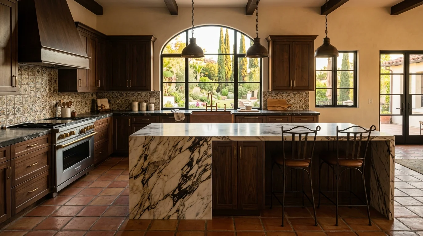 Wide cinematic Lake Worth Beach kitchen with marble island and arched windows