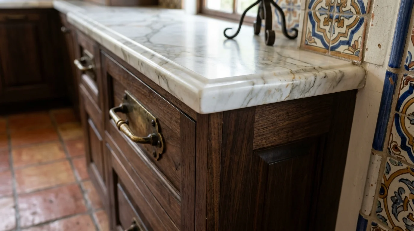Close-up of warm wood Lake Worth Beach kitchen cabinetry and stone countertop detail