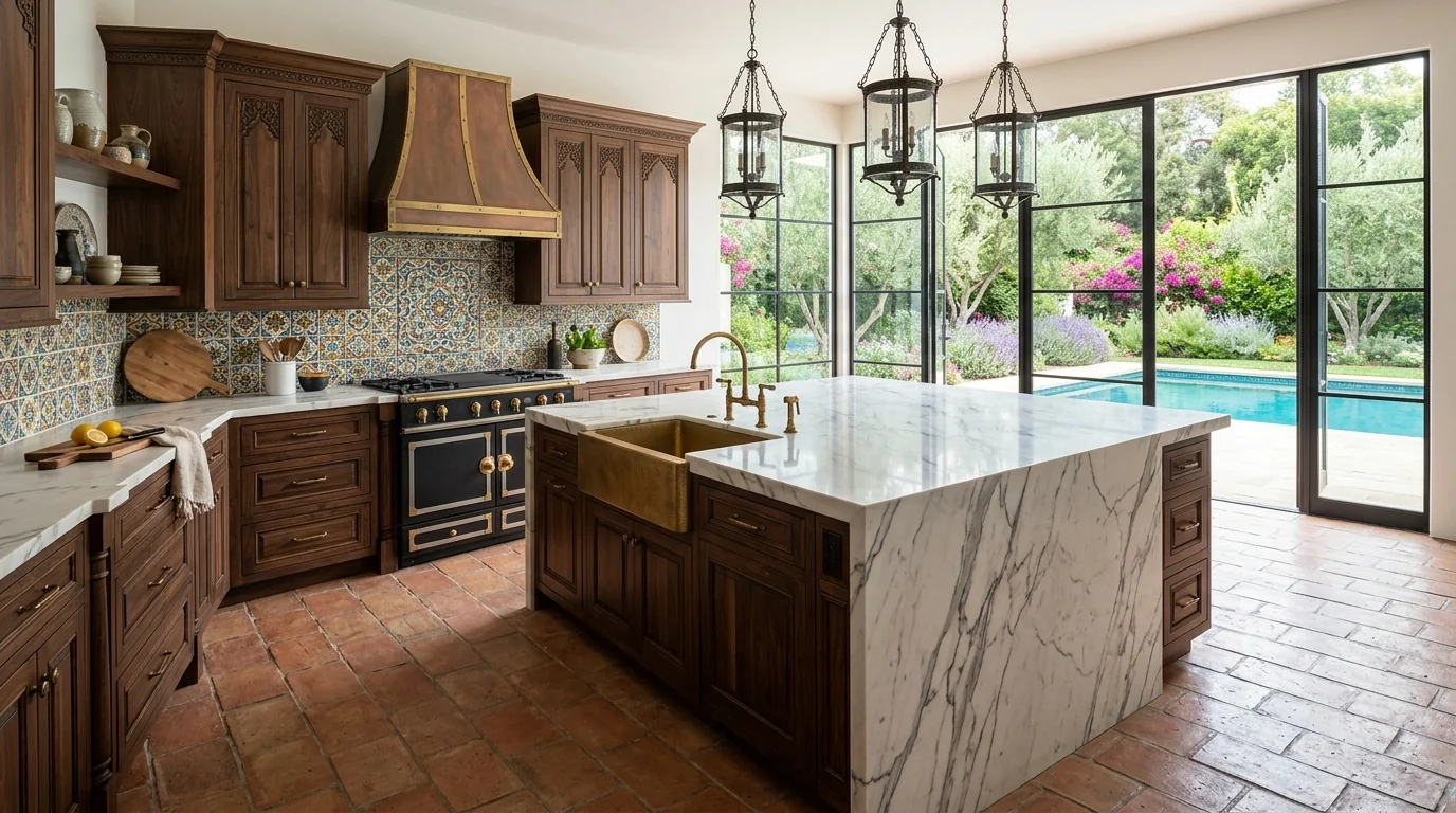 Ultra-wide Lake Worth Beach kitchen with marble waterfall island and pool deck view