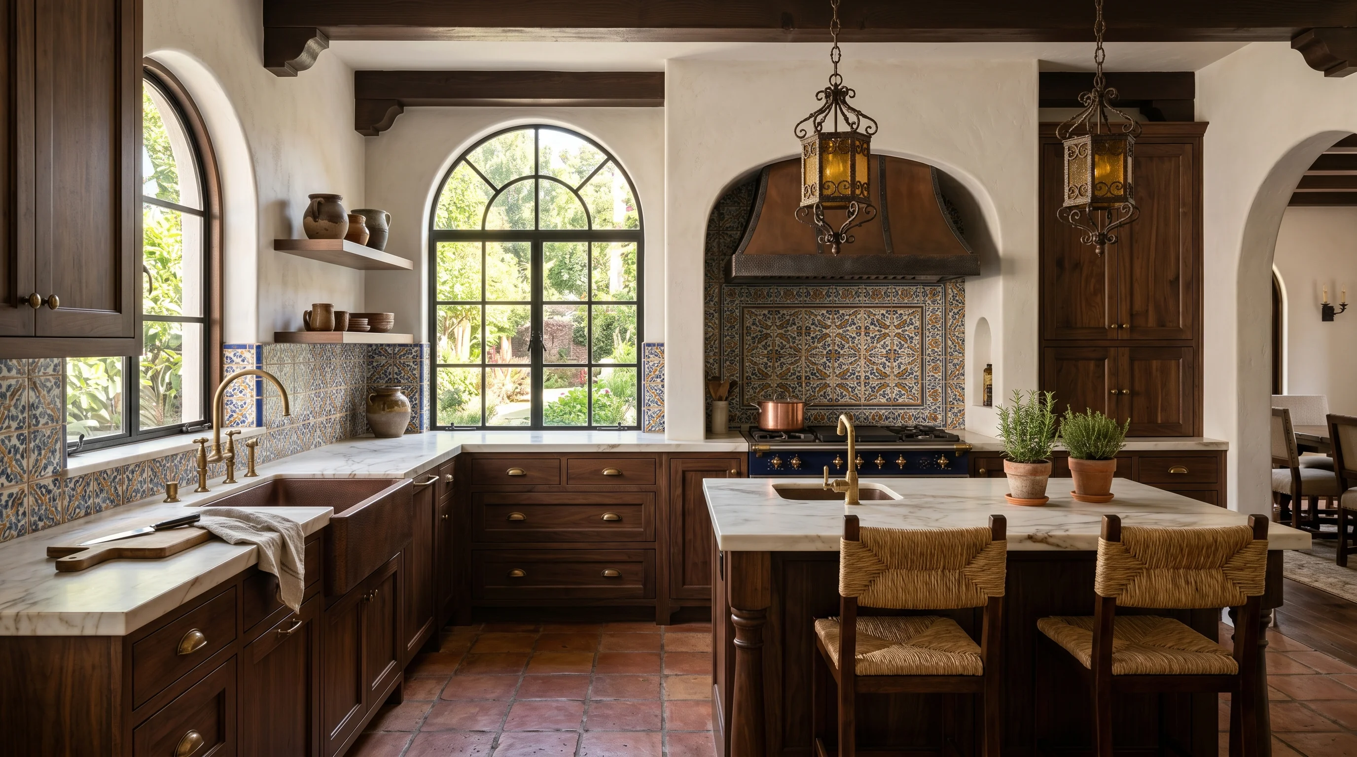 Lake Worth Beach gated-community kitchen with island and ornate brass pendant lighting