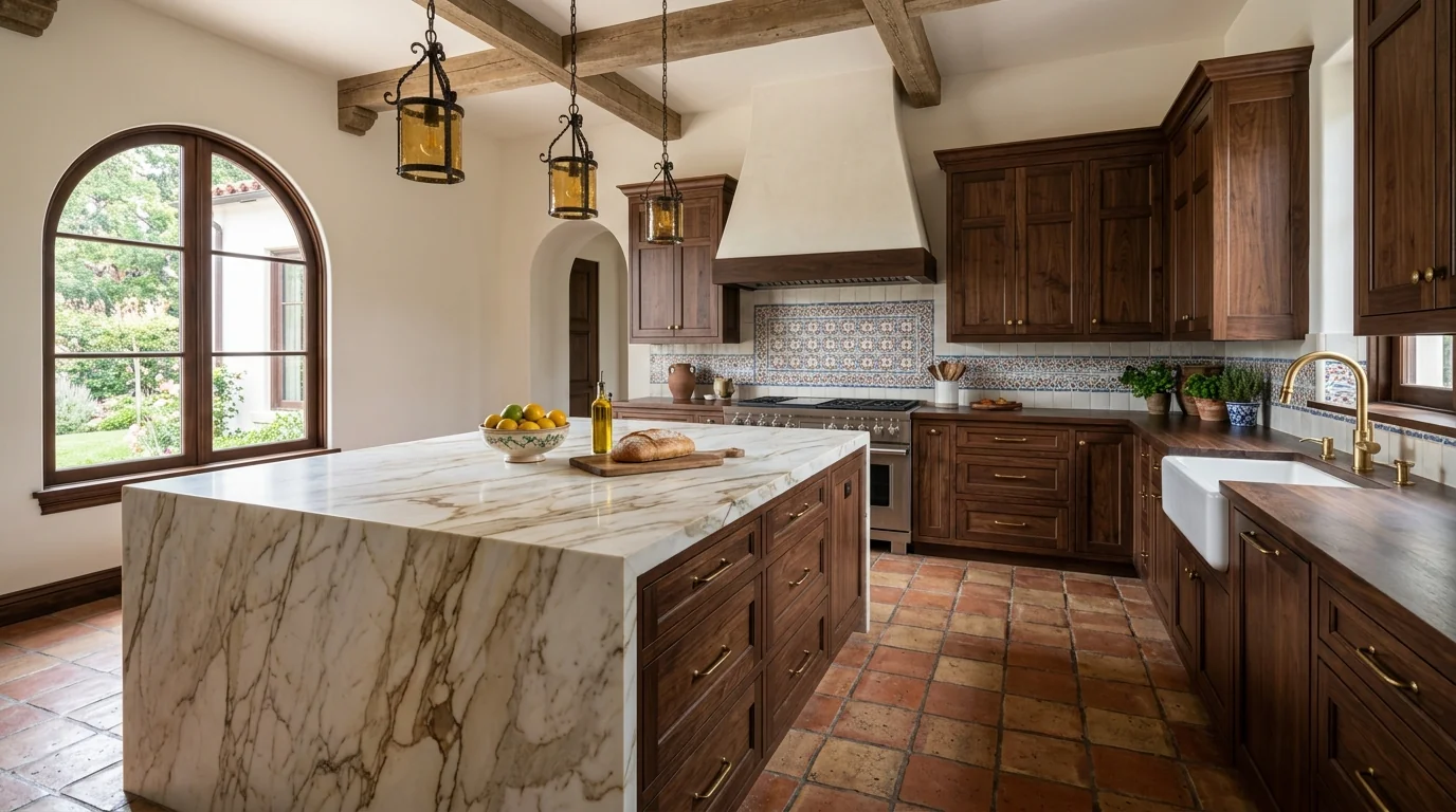 Panoramic finished Lake Worth Beach kitchen with marble island and brass hardware