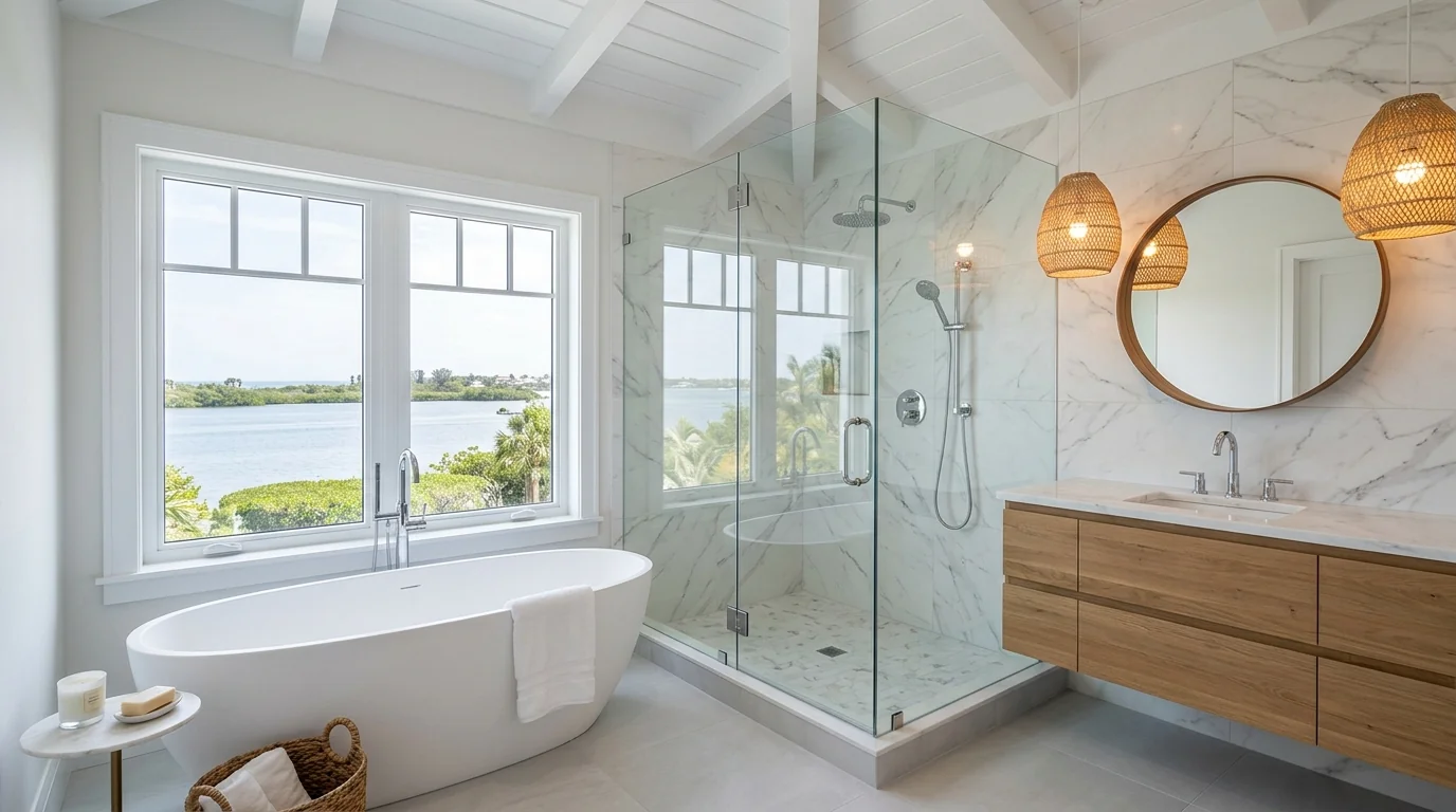 Lantana luxury bathroom remodel with frameless walk-in shower, freestanding tub, and floating wood vanity