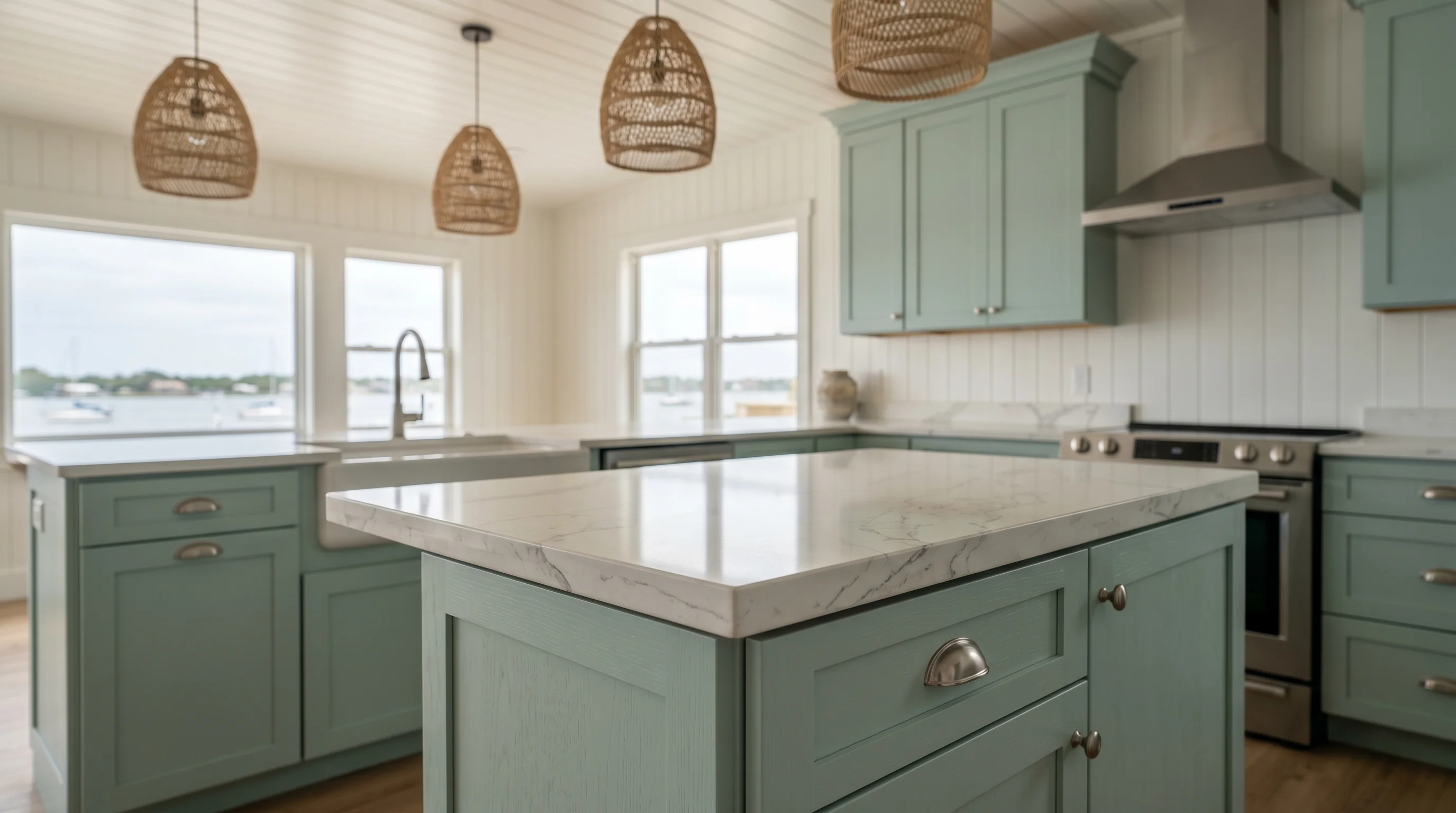 Lantana luxury kitchen with marble waterfall island and brass pendants