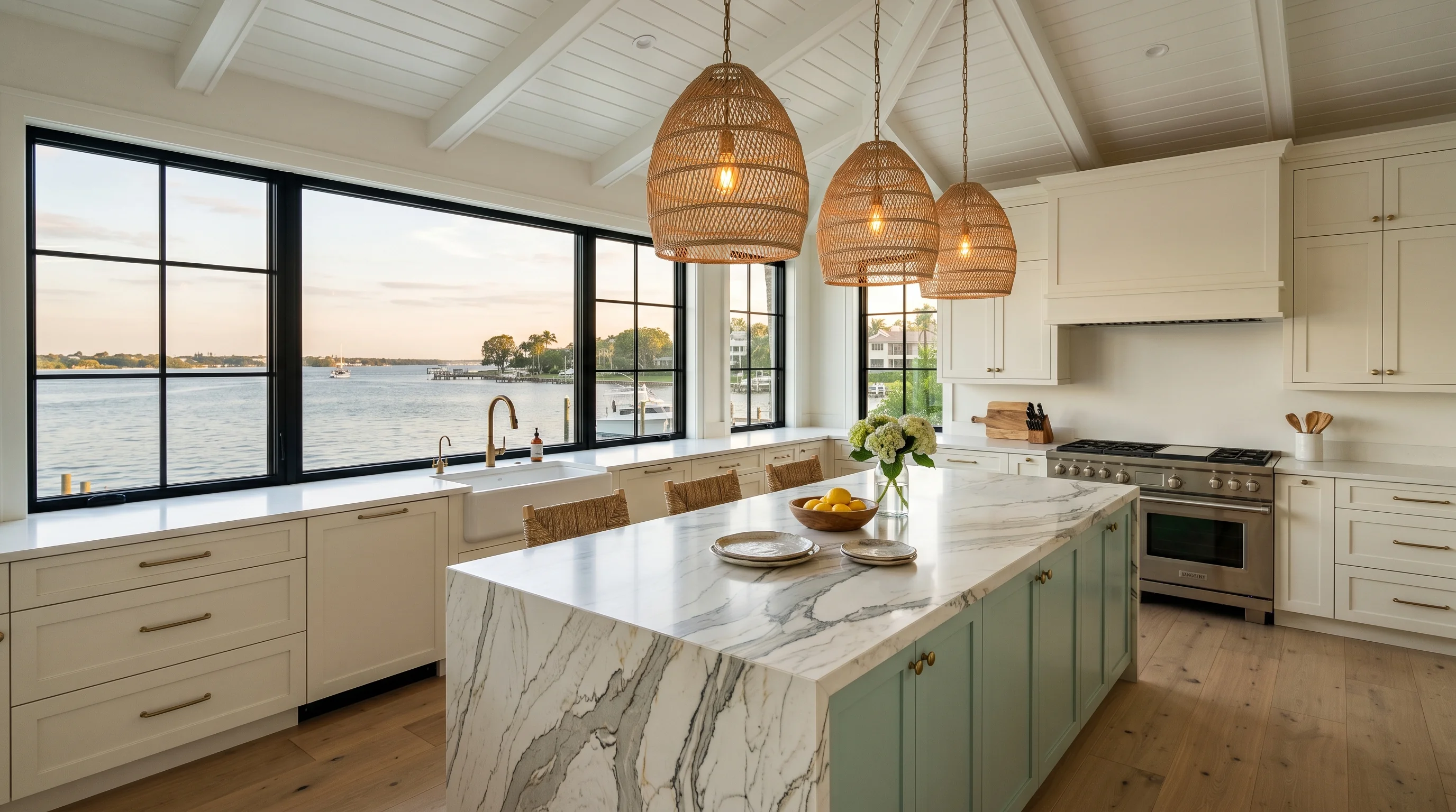 Wide cinematic Lantana kitchen with marble island and arched windows