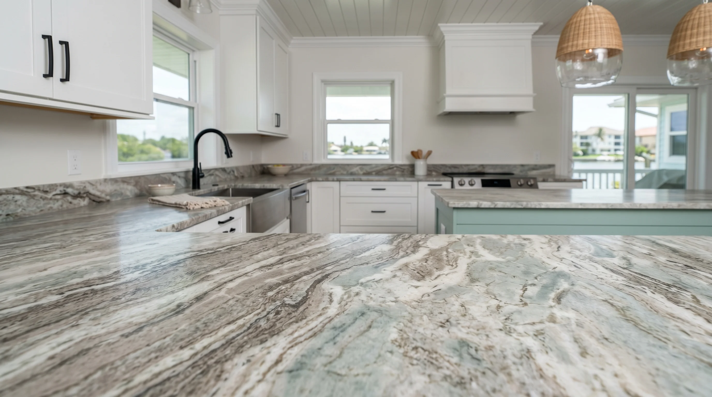 Close-up of warm wood Lantana kitchen cabinetry and stone countertop detail