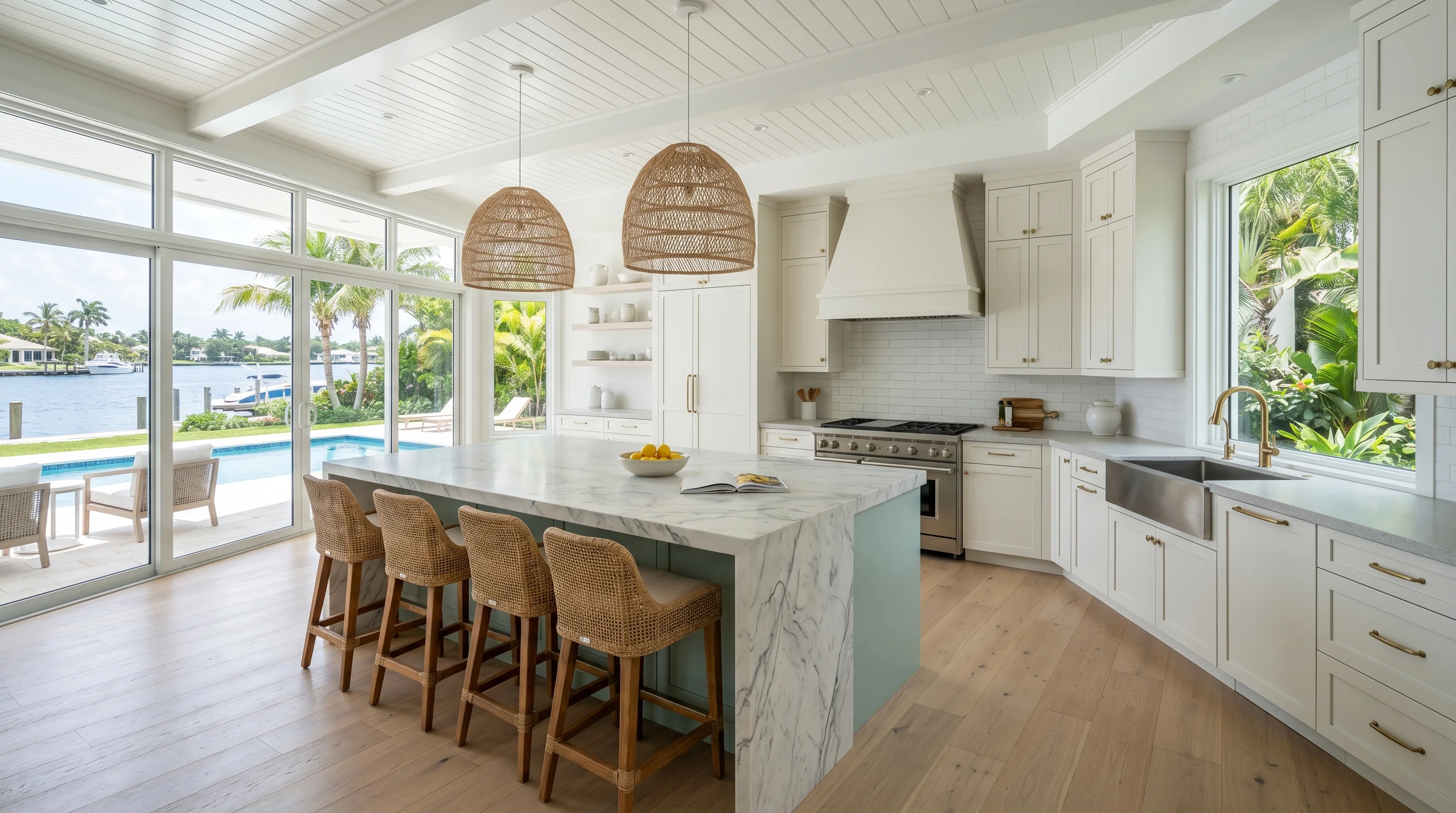 Ultra-wide Lantana kitchen with marble waterfall island and pool deck view