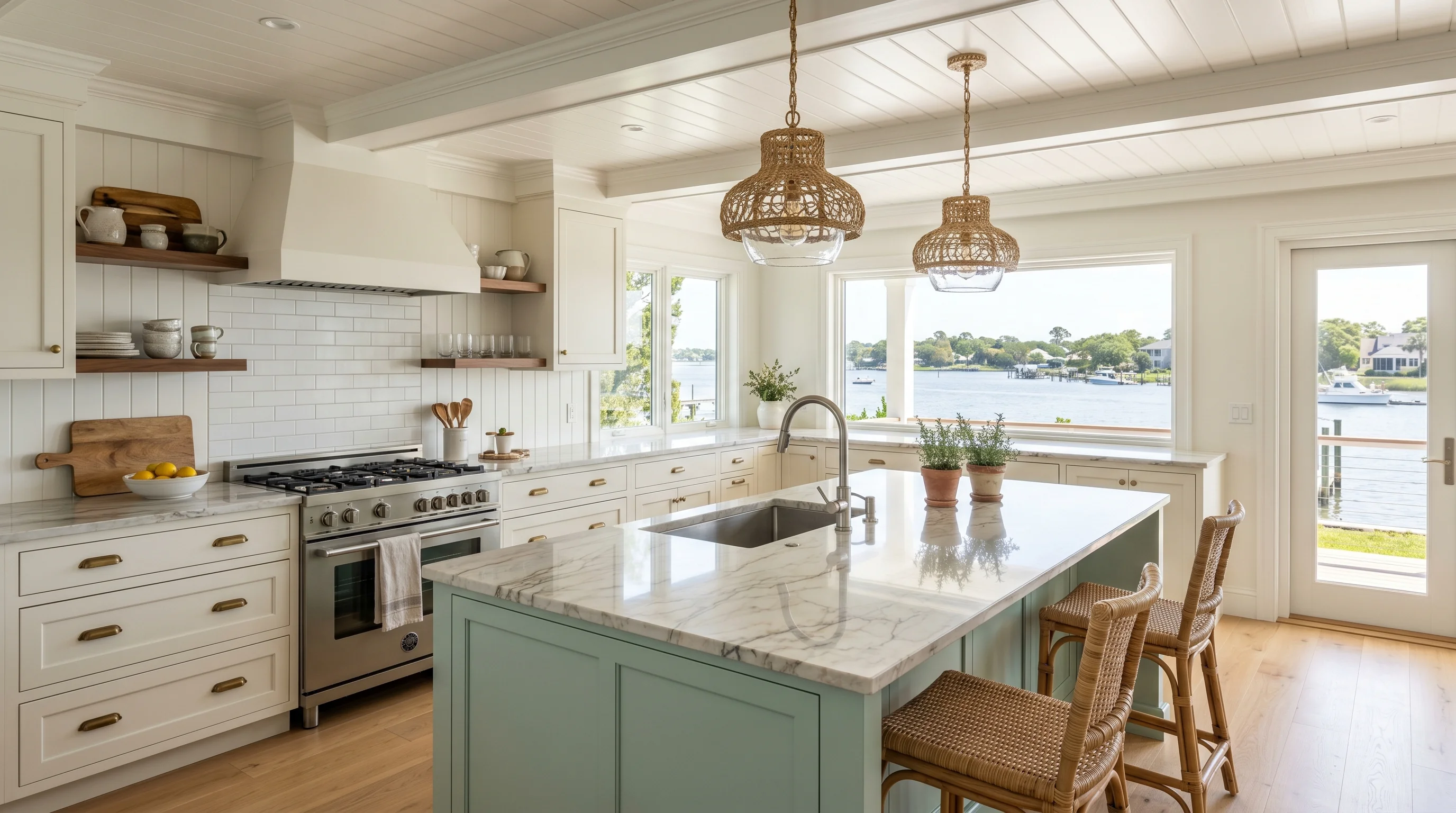 Lantana gated-community kitchen with island and ornate brass pendant lighting