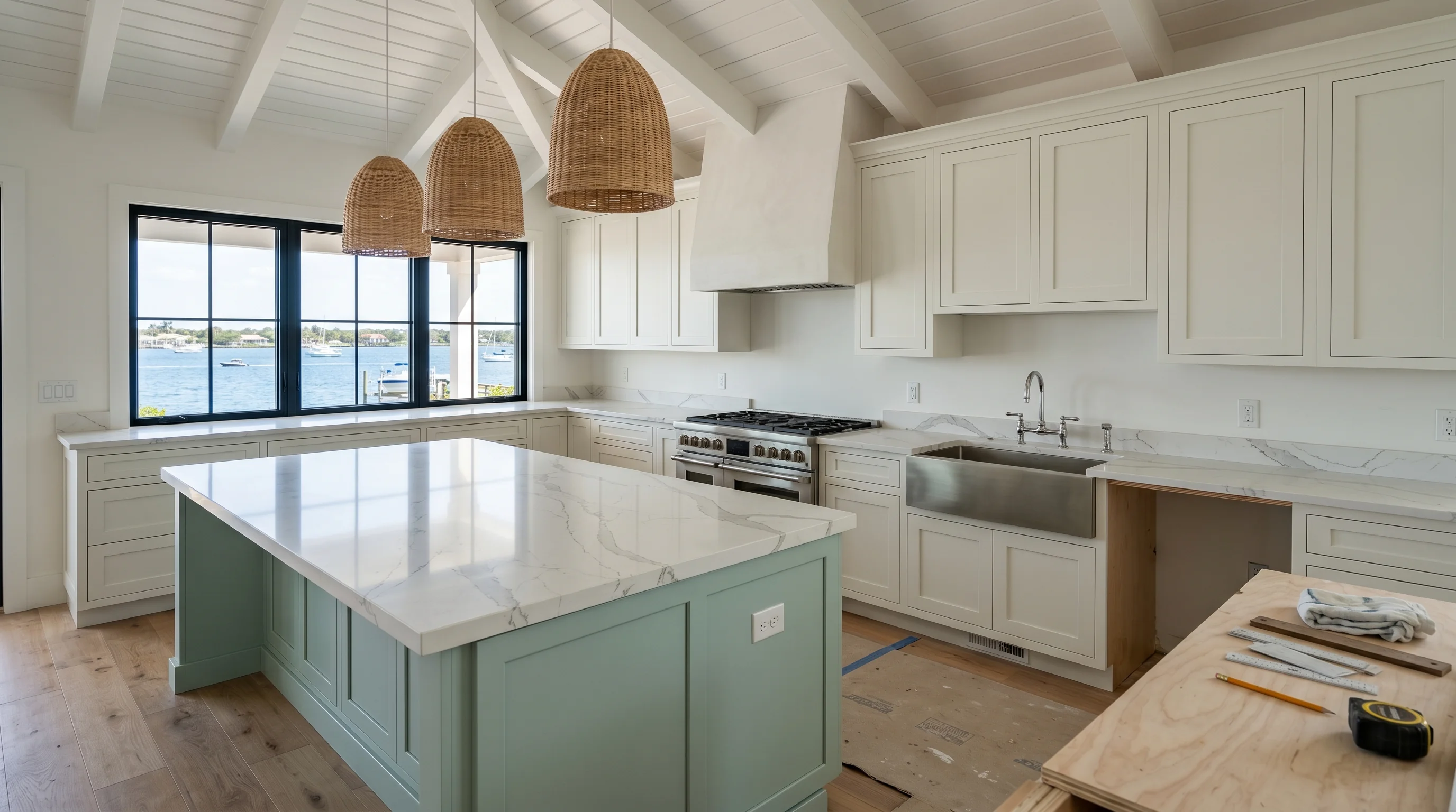Lantana kitchen remodeling installation in progress with cabinetry and stone countertops