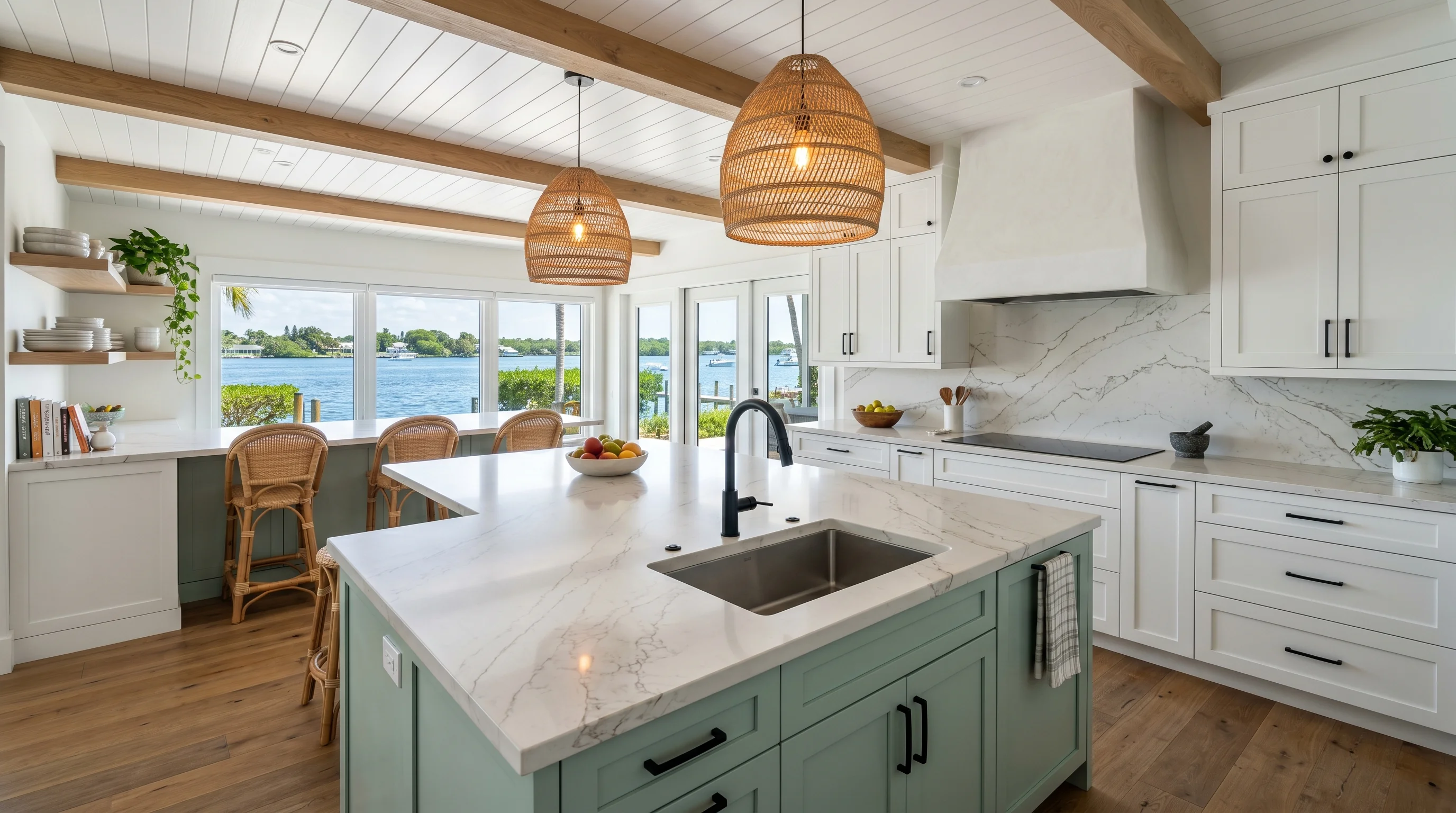 Panoramic finished Lantana kitchen with marble island and brass hardware
