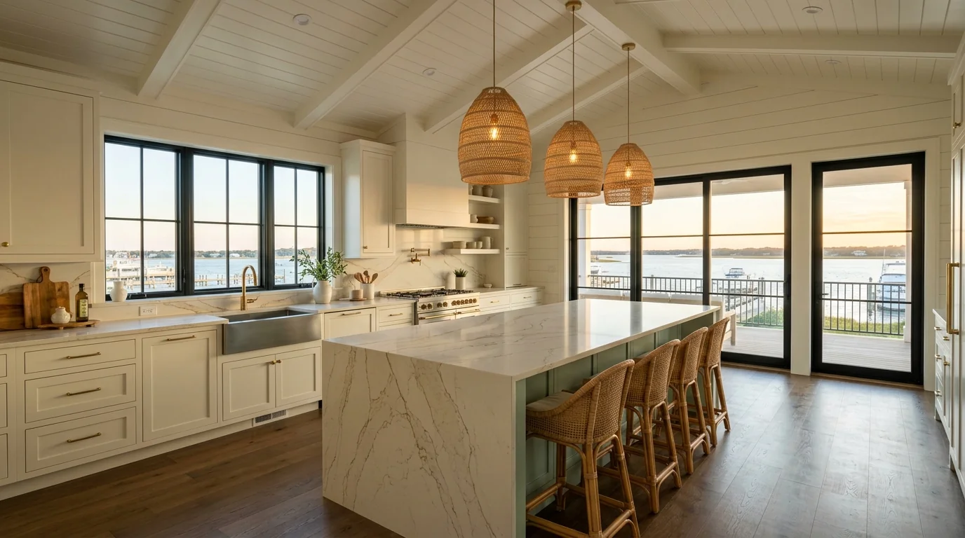 Wide cinematic Lantana kitchen with marble island and arched windows