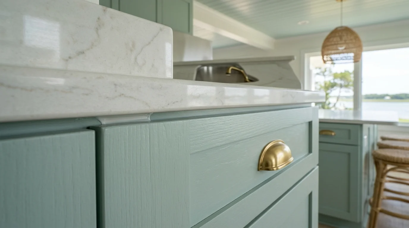 Close-up of warm wood Lantana kitchen cabinetry and stone countertop detail