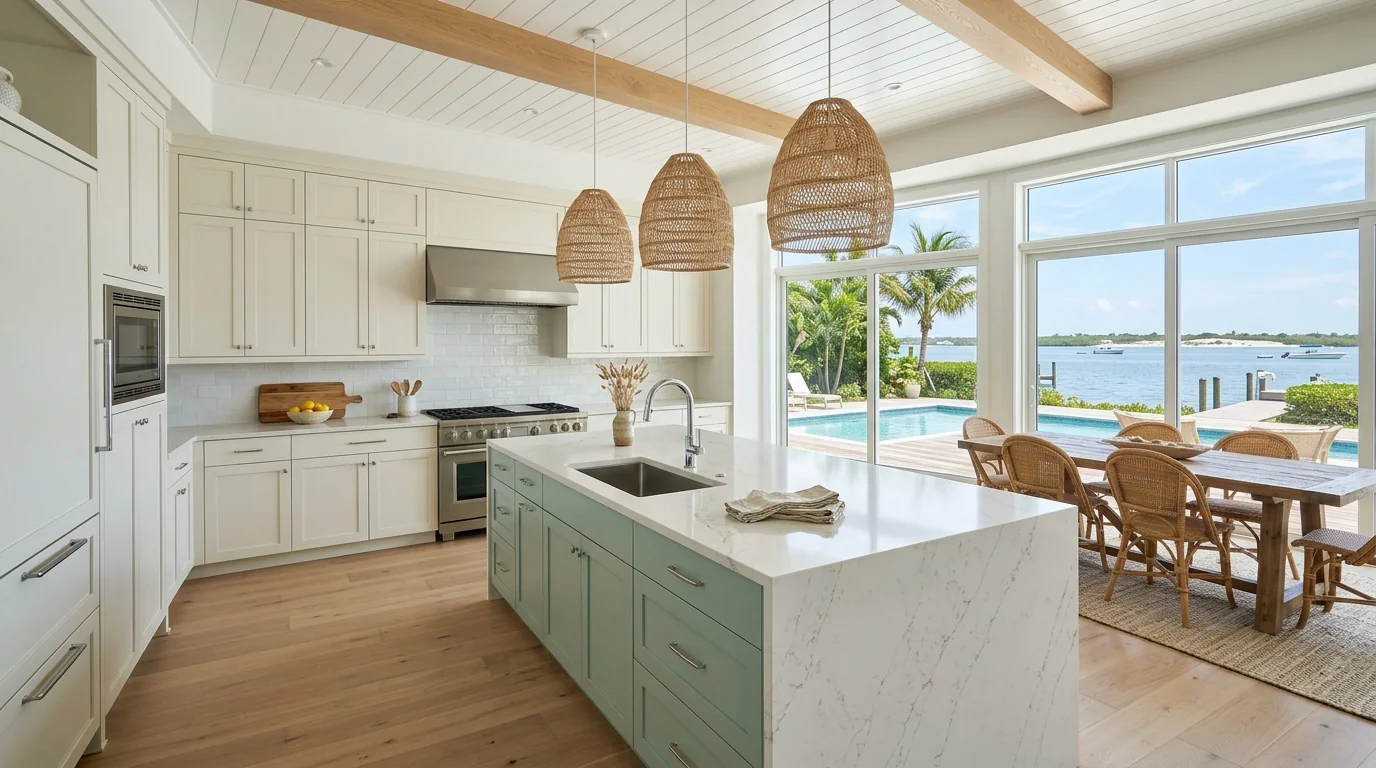 Ultra-wide Lantana kitchen with marble waterfall island and pool deck view