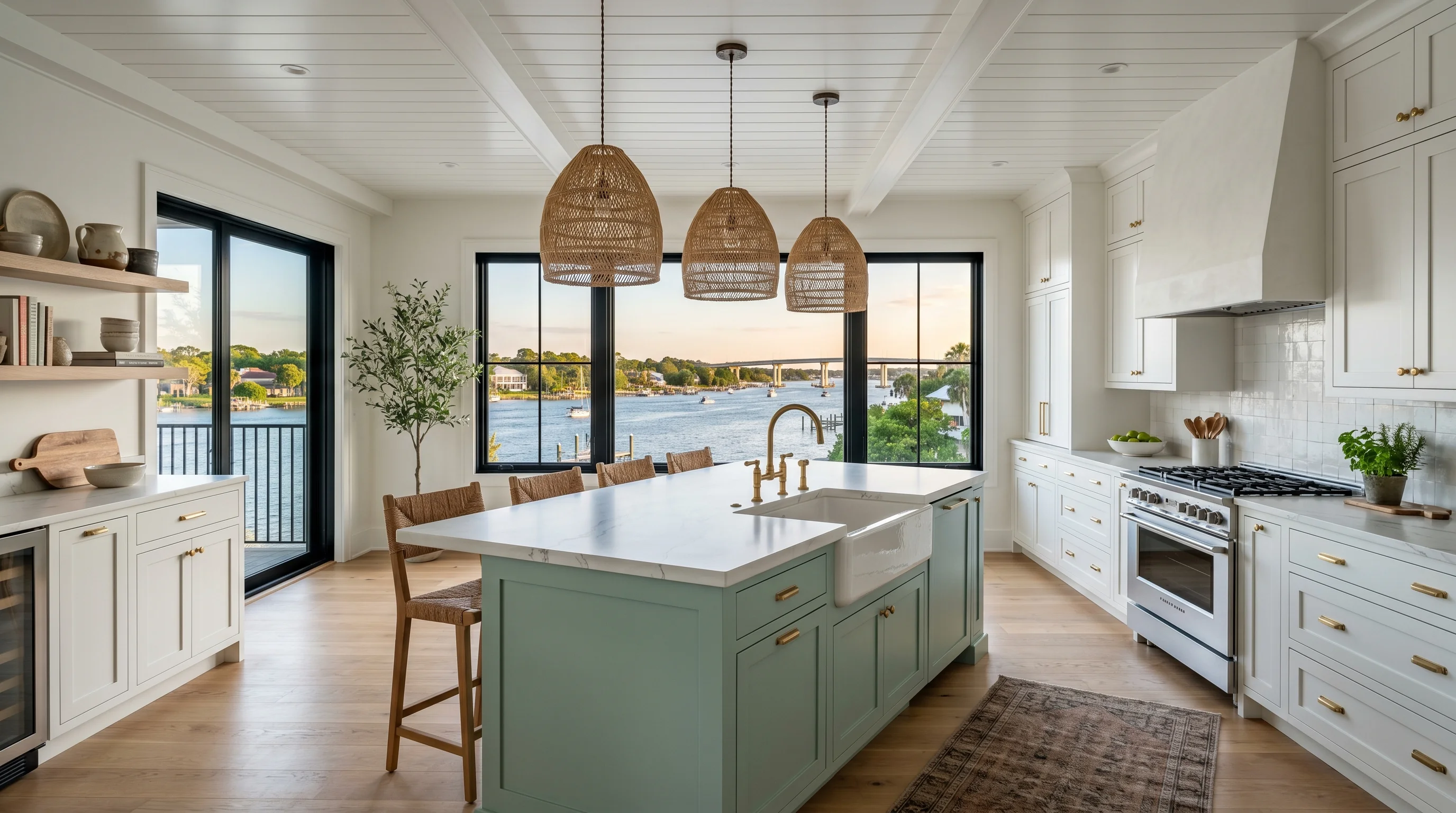 Lantana gated-community kitchen with island and ornate brass pendant lighting
