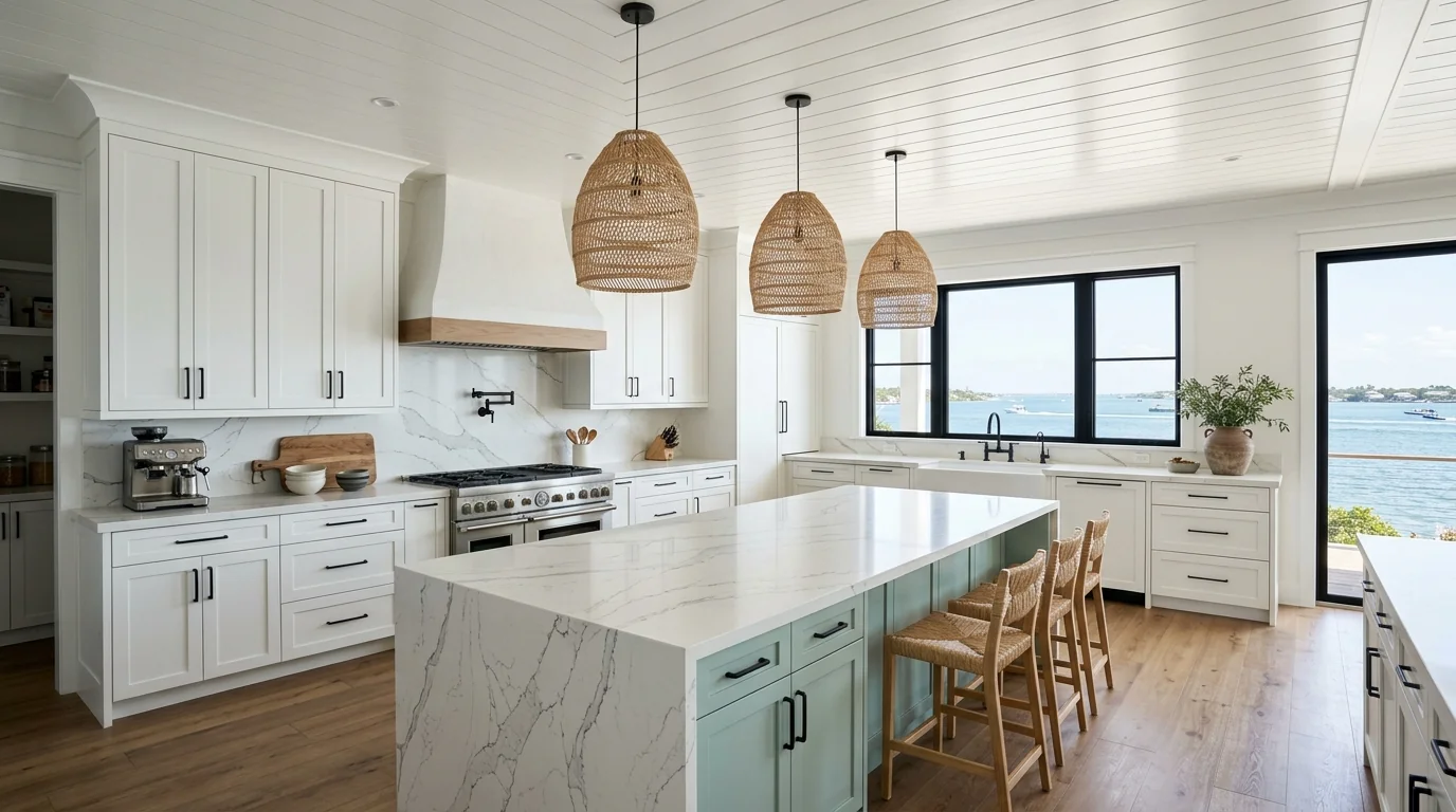 Panoramic finished Lantana kitchen with marble island and brass hardware