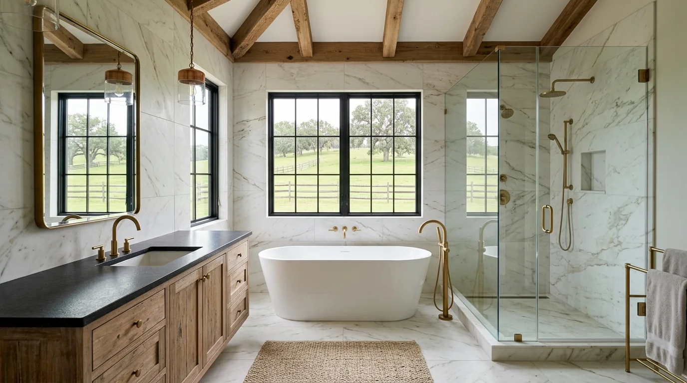 Loxahatchee Groves luxury bathroom remodel with frameless walk-in shower, freestanding tub, and floating wood vanity