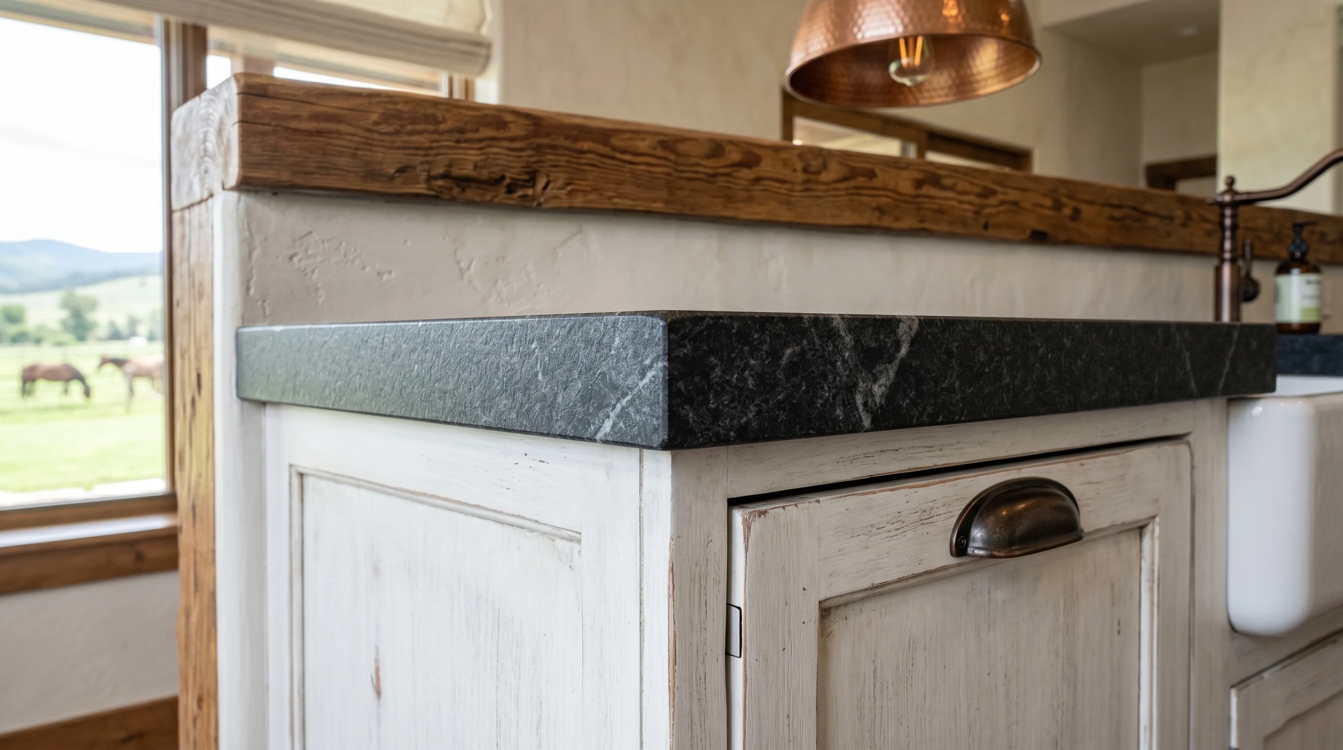 Loxahatchee Groves luxury kitchen with marble waterfall island and brass pendants