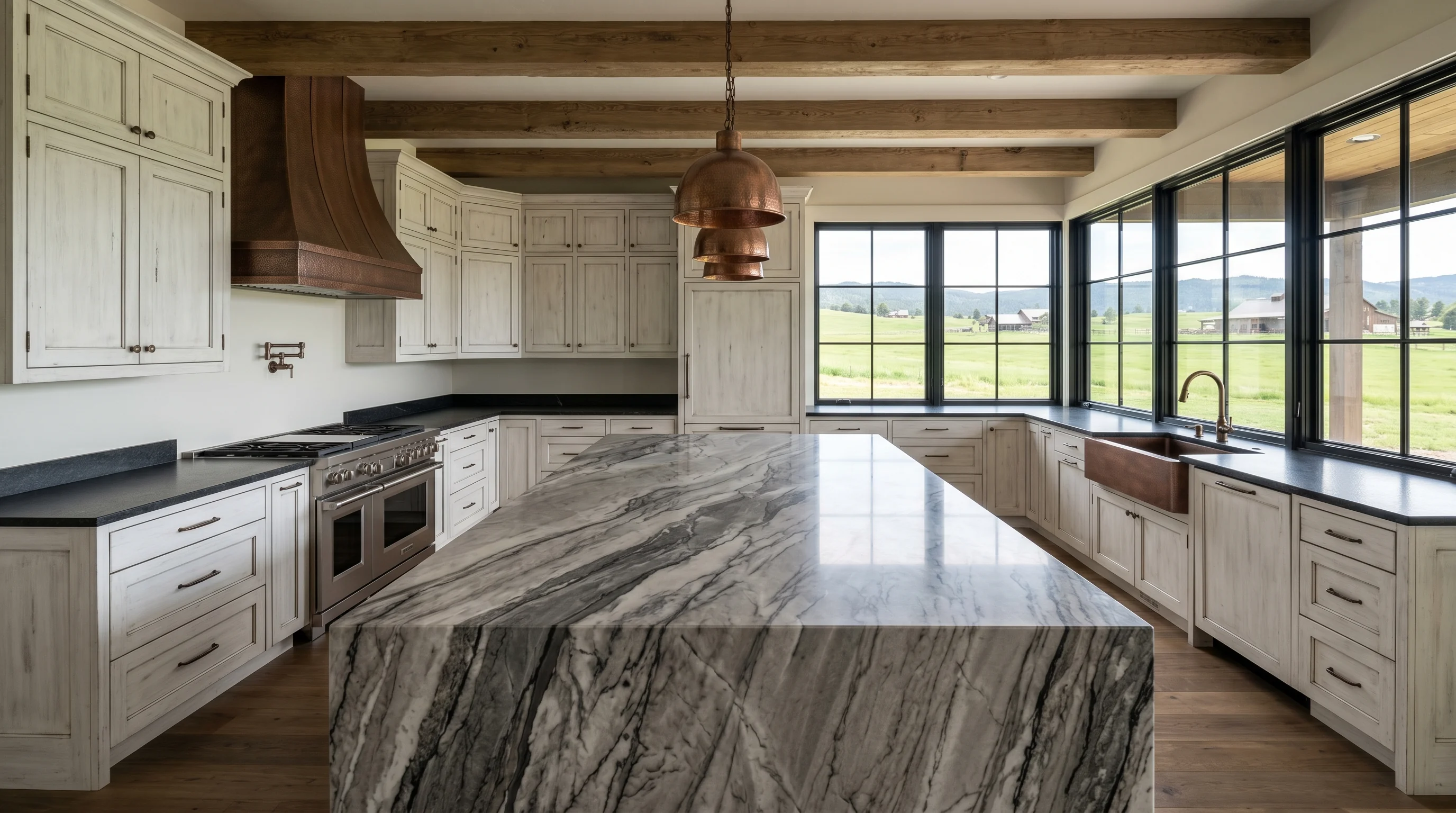 Wide cinematic Loxahatchee Groves kitchen with marble island and arched windows