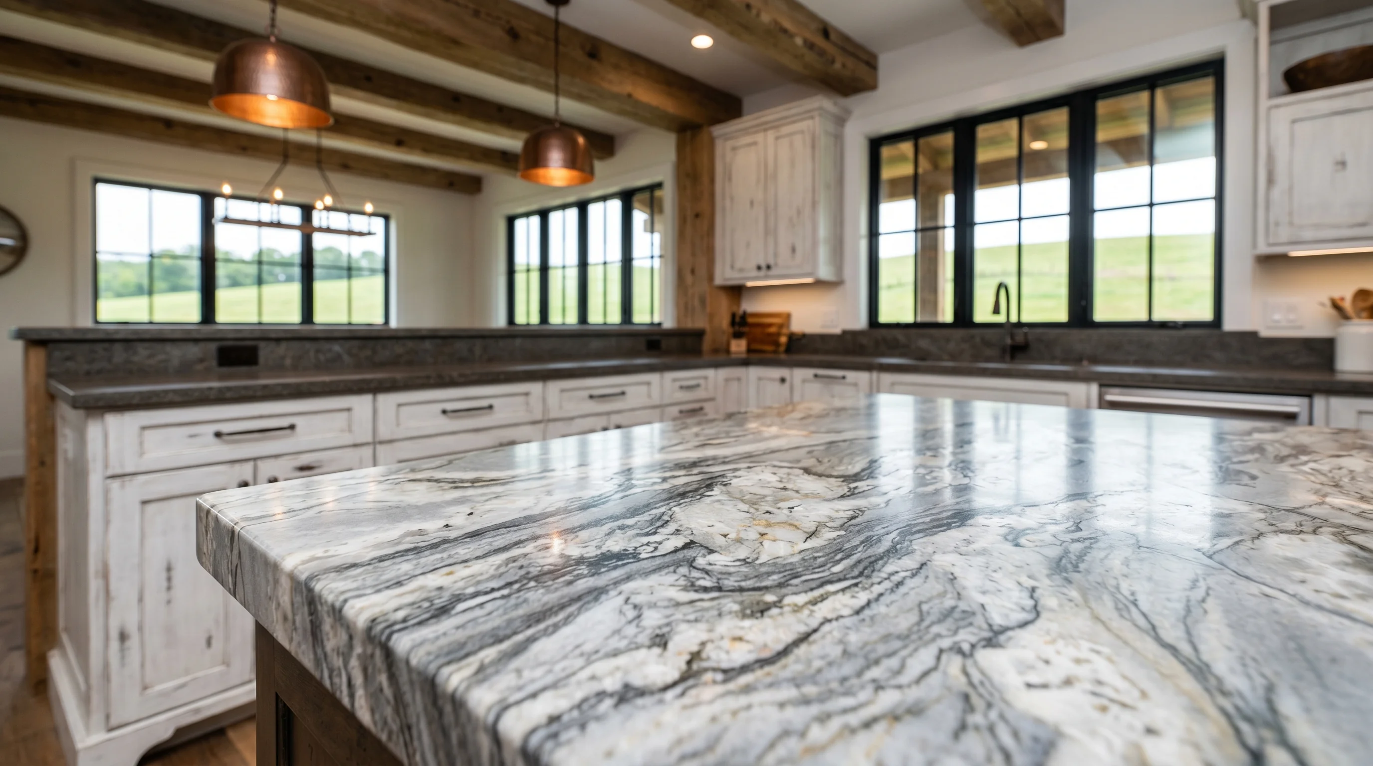 Close-up of warm wood Loxahatchee Groves kitchen cabinetry and stone countertop detail