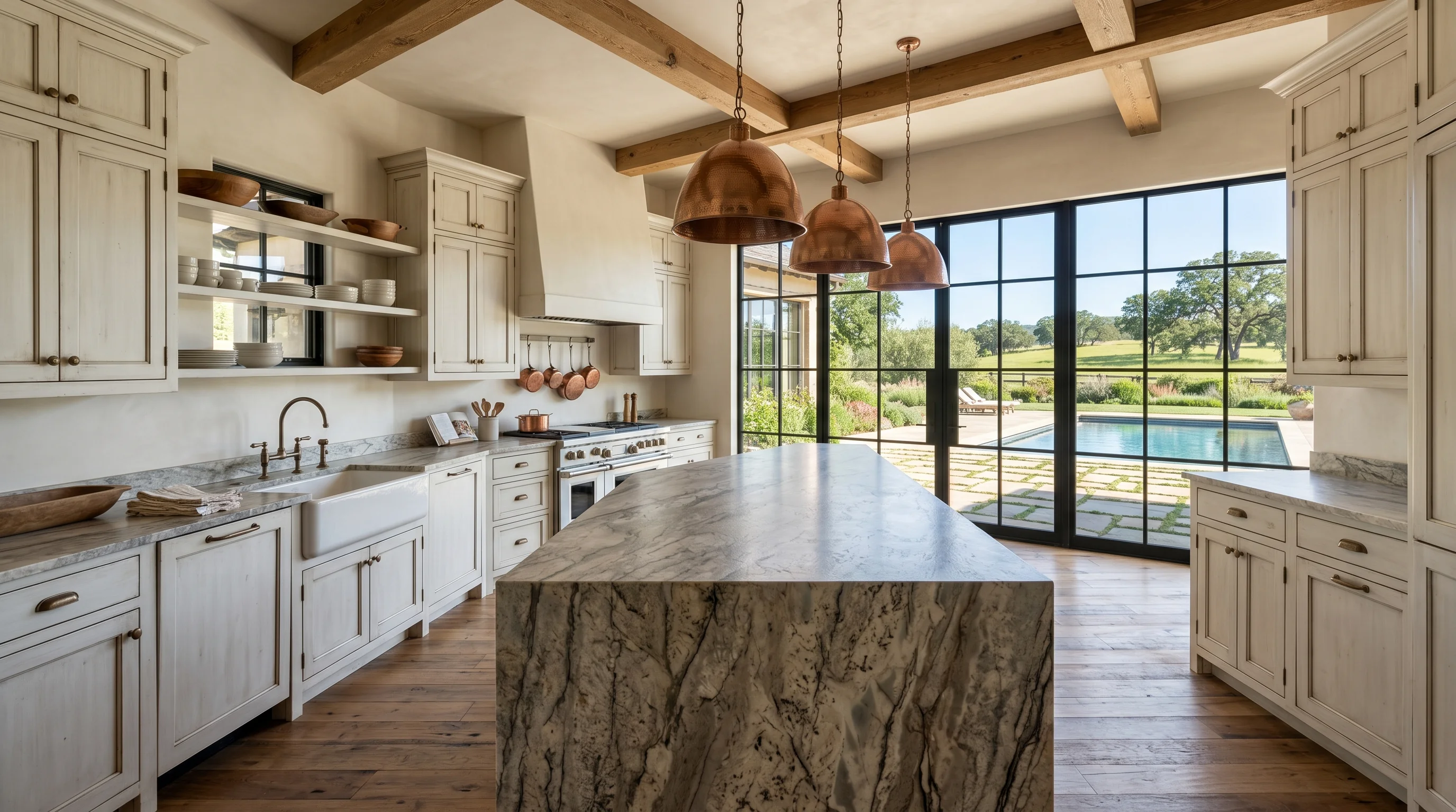 Ultra-wide Loxahatchee Groves kitchen with marble waterfall island and pool deck view