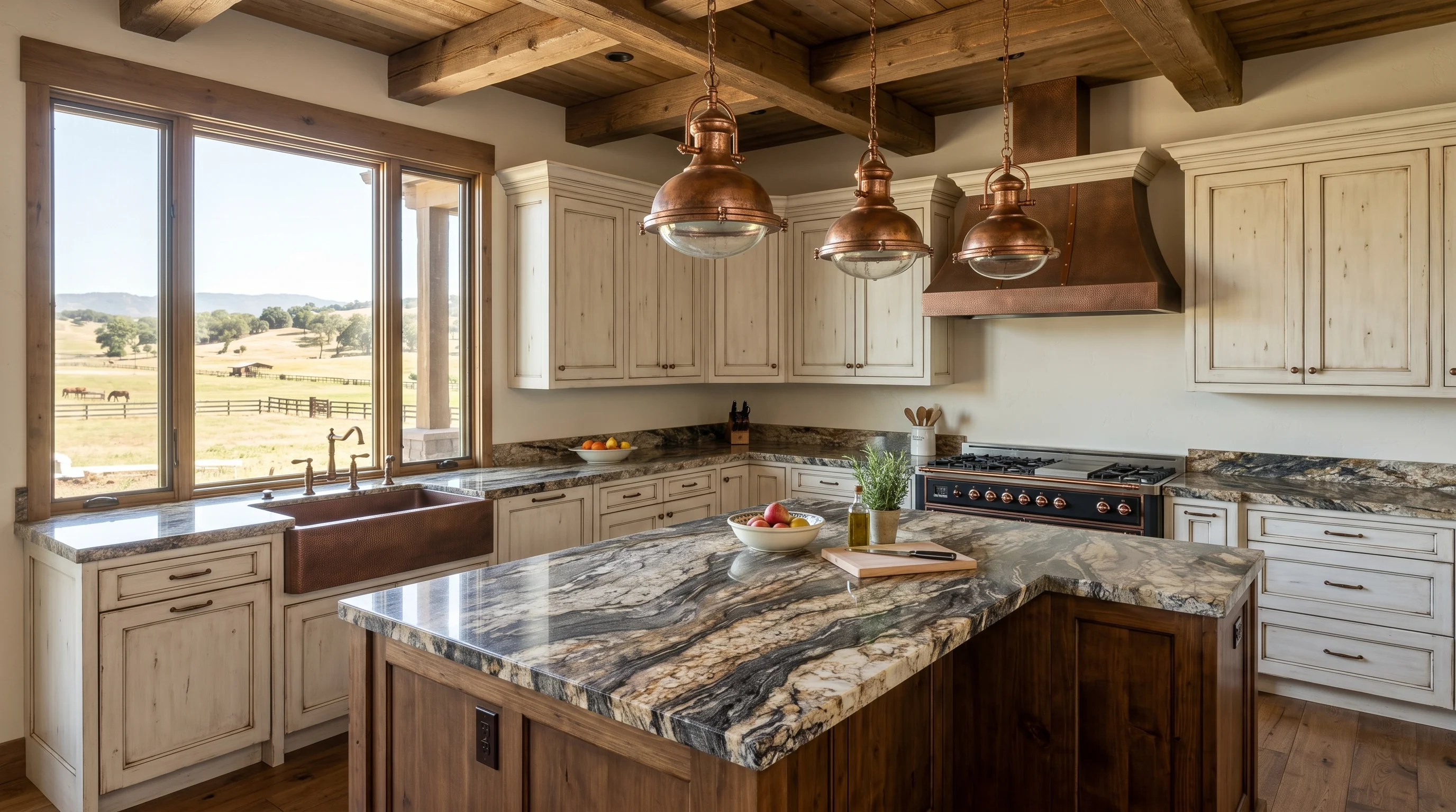 Loxahatchee Groves gated-community kitchen with island and ornate brass pendant lighting
