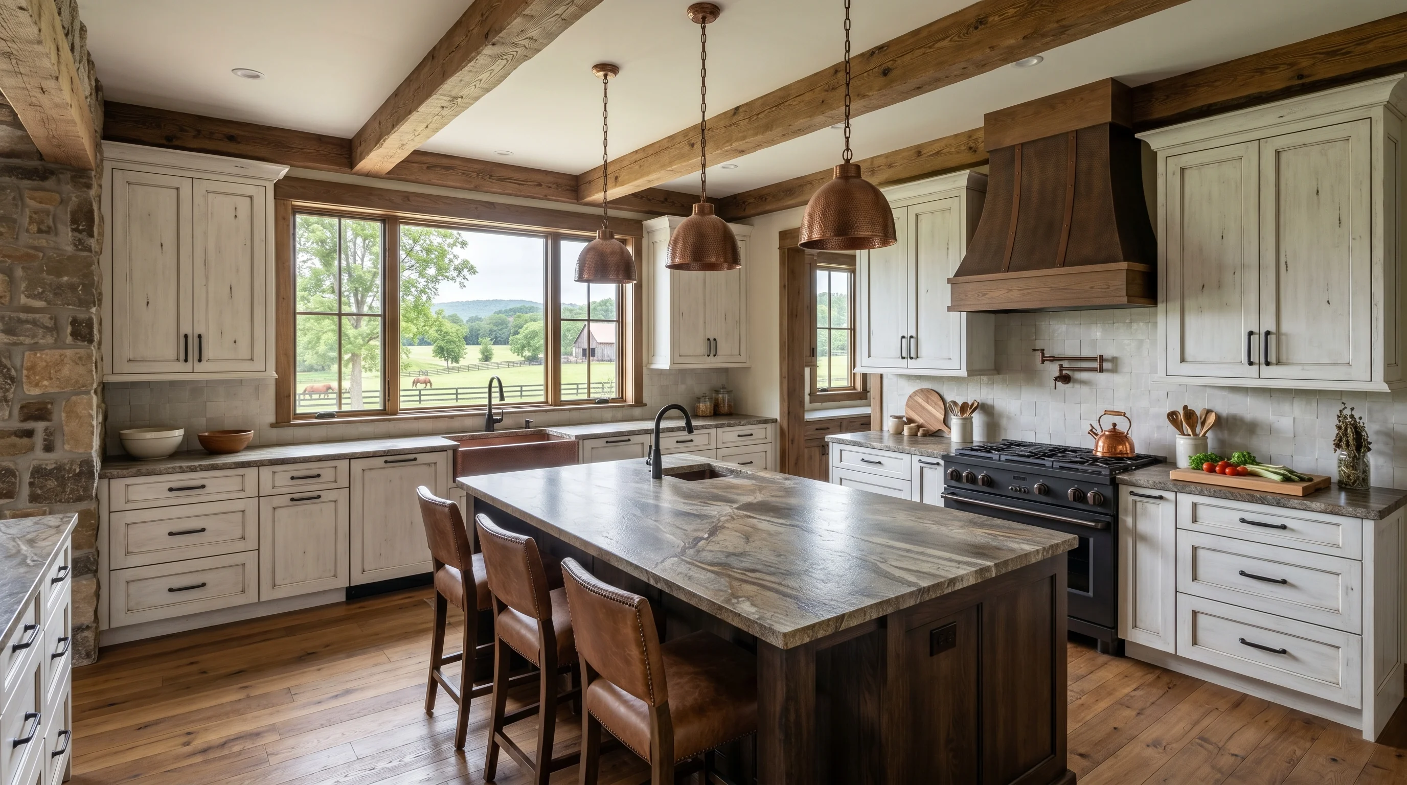 Panoramic finished Loxahatchee Groves kitchen with marble island and brass hardware