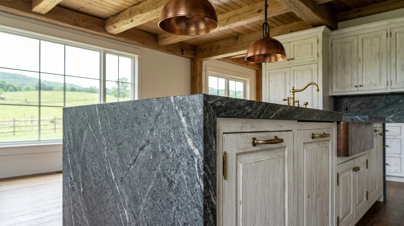 Loxahatchee Groves luxury kitchen with marble waterfall island and brass pendants