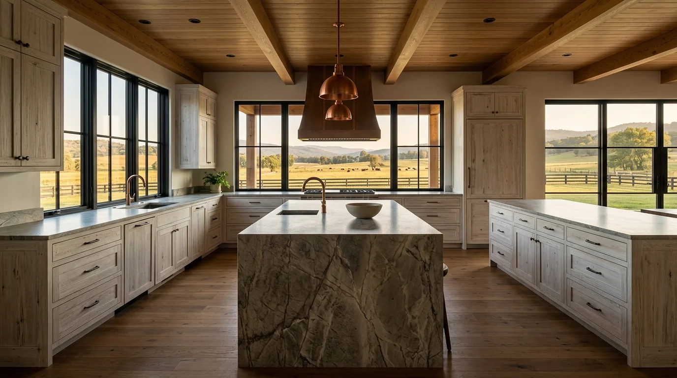 Wide cinematic Loxahatchee Groves kitchen with marble island and arched windows