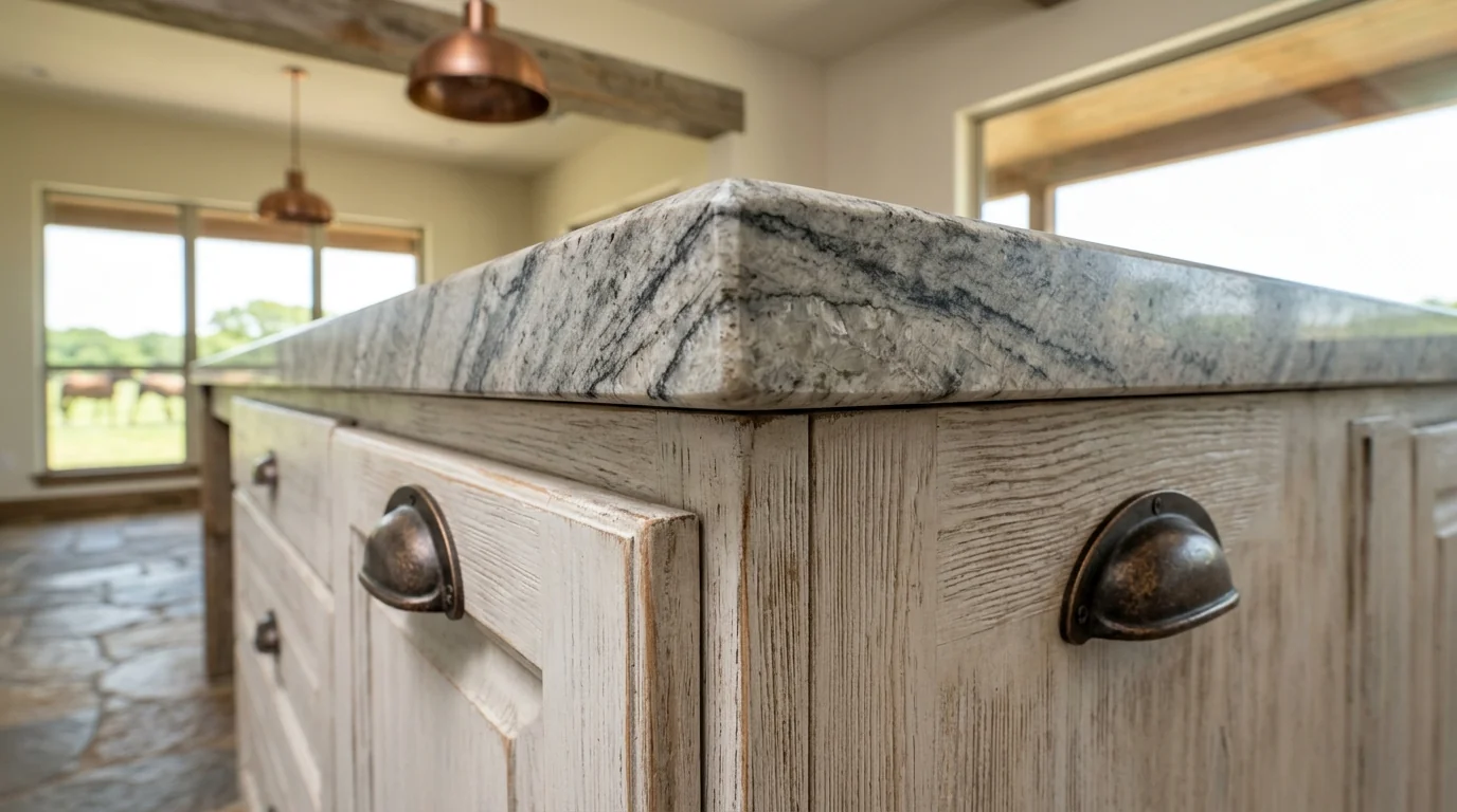 Close-up of warm wood Loxahatchee Groves kitchen cabinetry and stone countertop detail