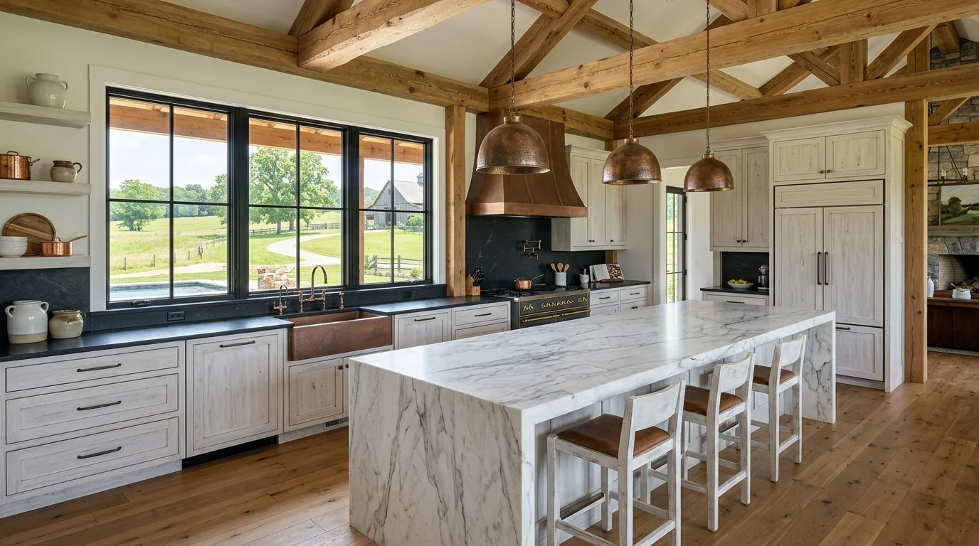 Ultra-wide Loxahatchee Groves kitchen with marble waterfall island and pool deck view
