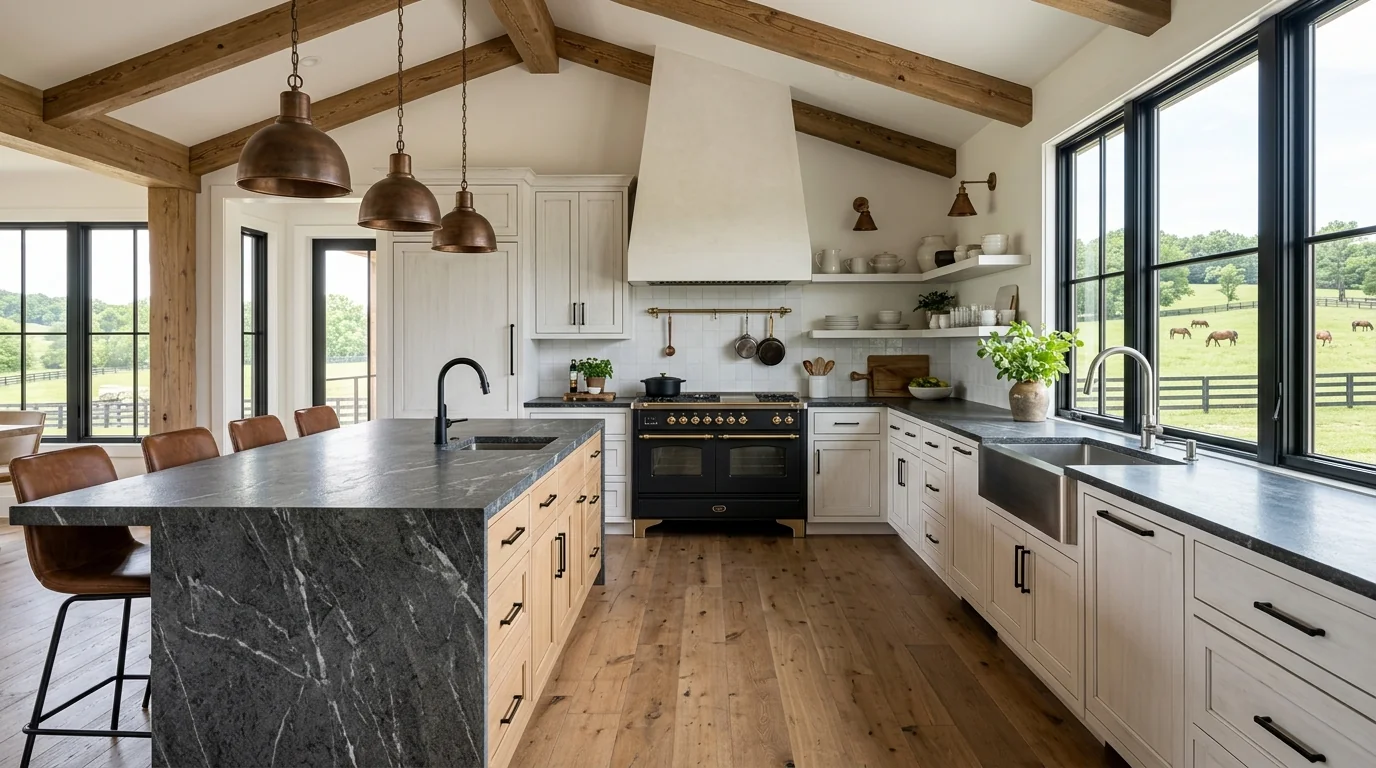 Panoramic finished Loxahatchee Groves kitchen with marble island and brass hardware