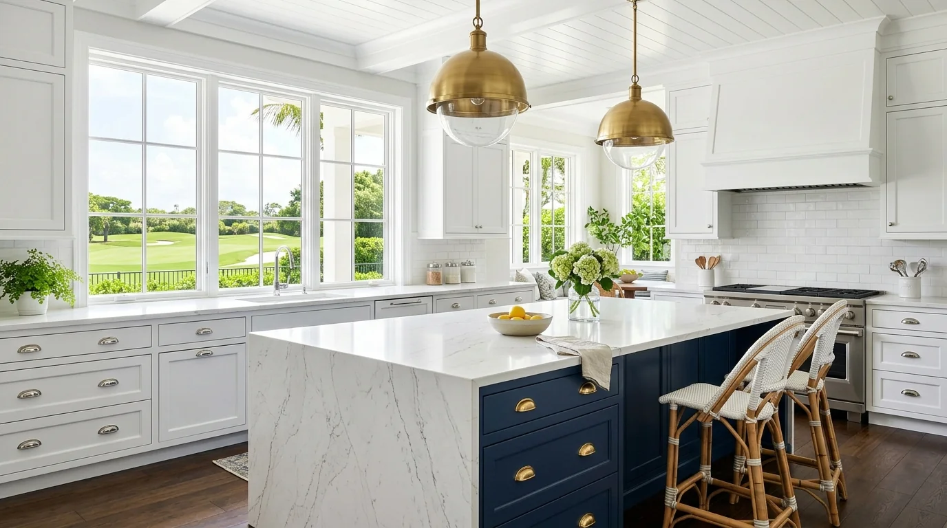 North Palm Beach luxury kitchen with marble waterfall island and brass pendants